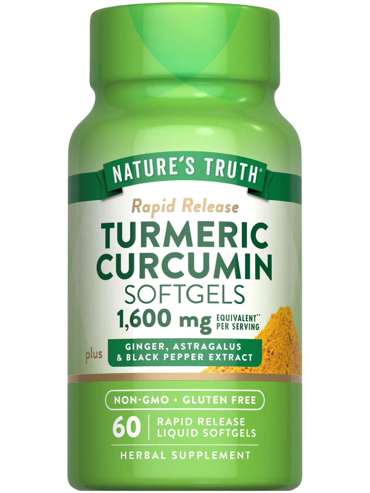 Nature's Truth Turmeric Curcumin Complex 1600mg softgel capsules front view
