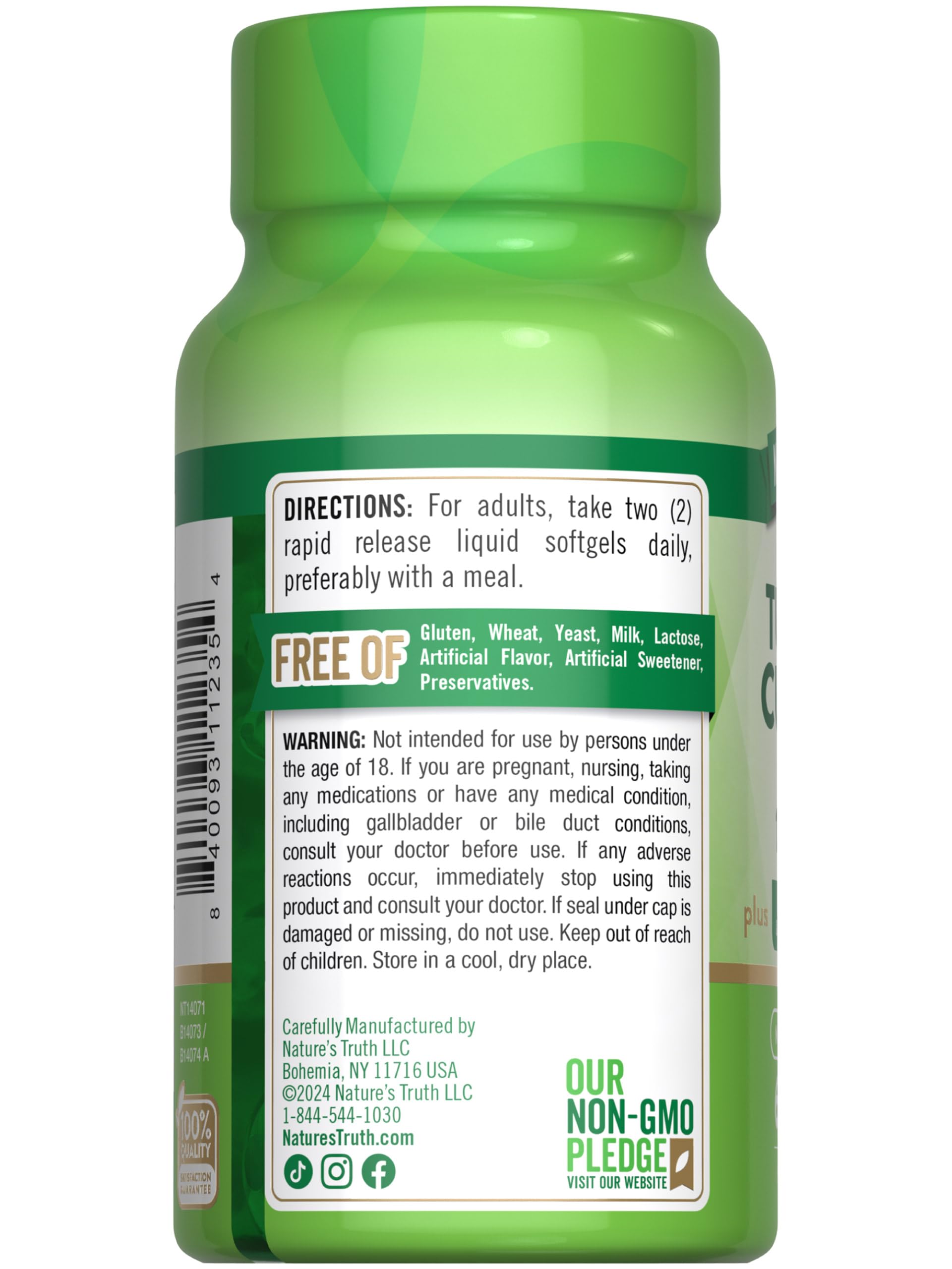 Nature's Truth Turmeric Curcumin Complex 1600mg softgel capsules on a table