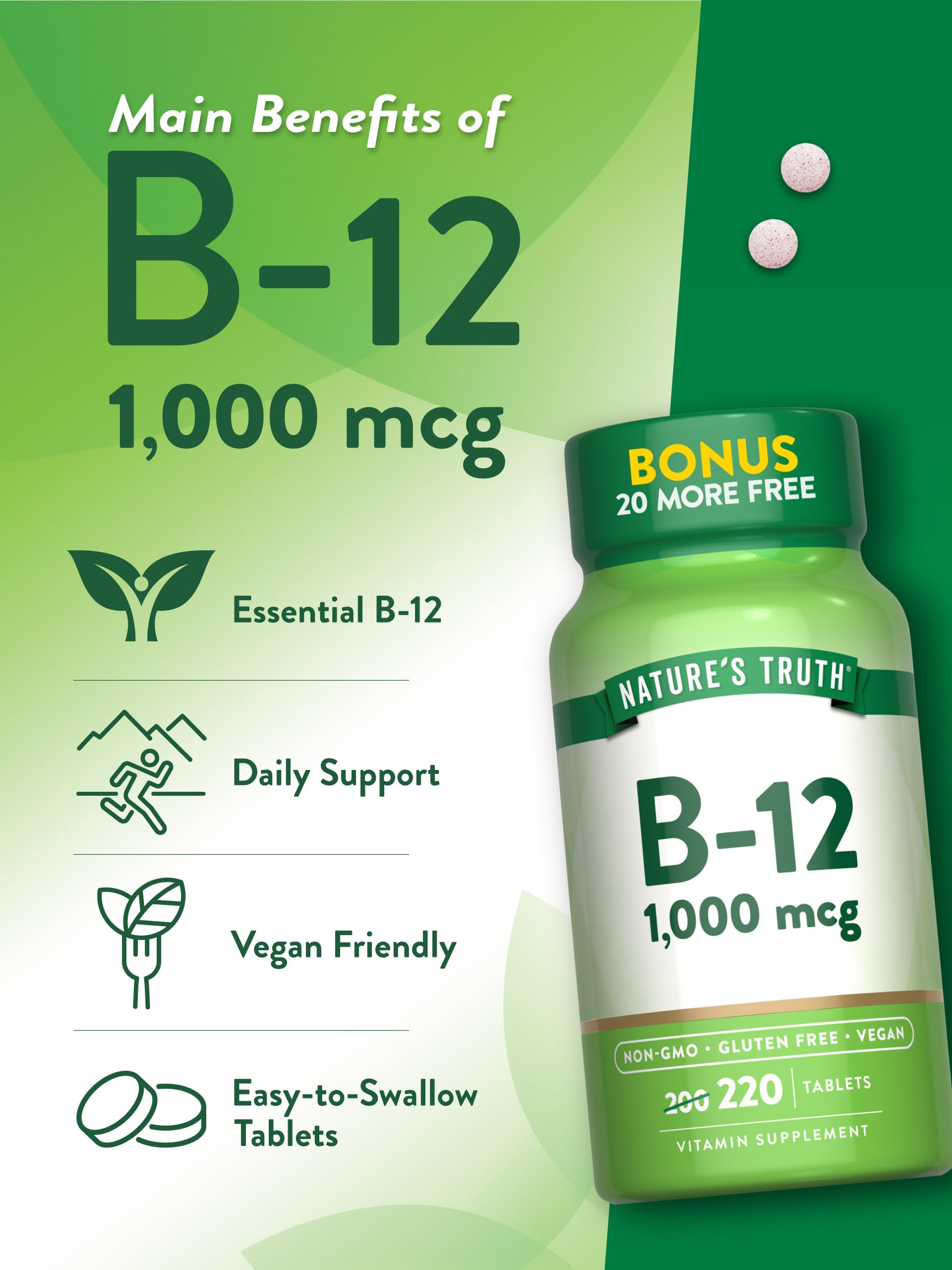 Nature's Truth Vitamin B-12 1000 mcg Vegan Tablets close-up of tablets