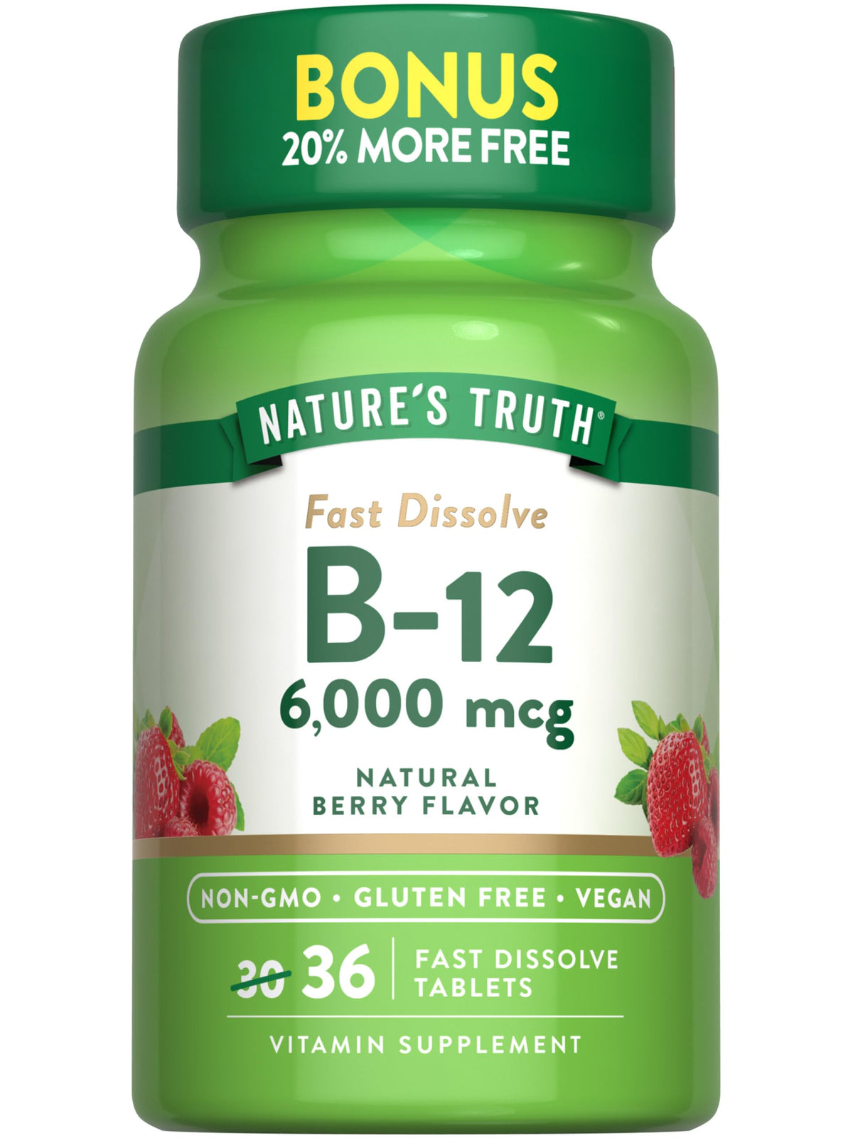 Nature's Truth Vitamin B12 6000 mcg vegan tablets front view