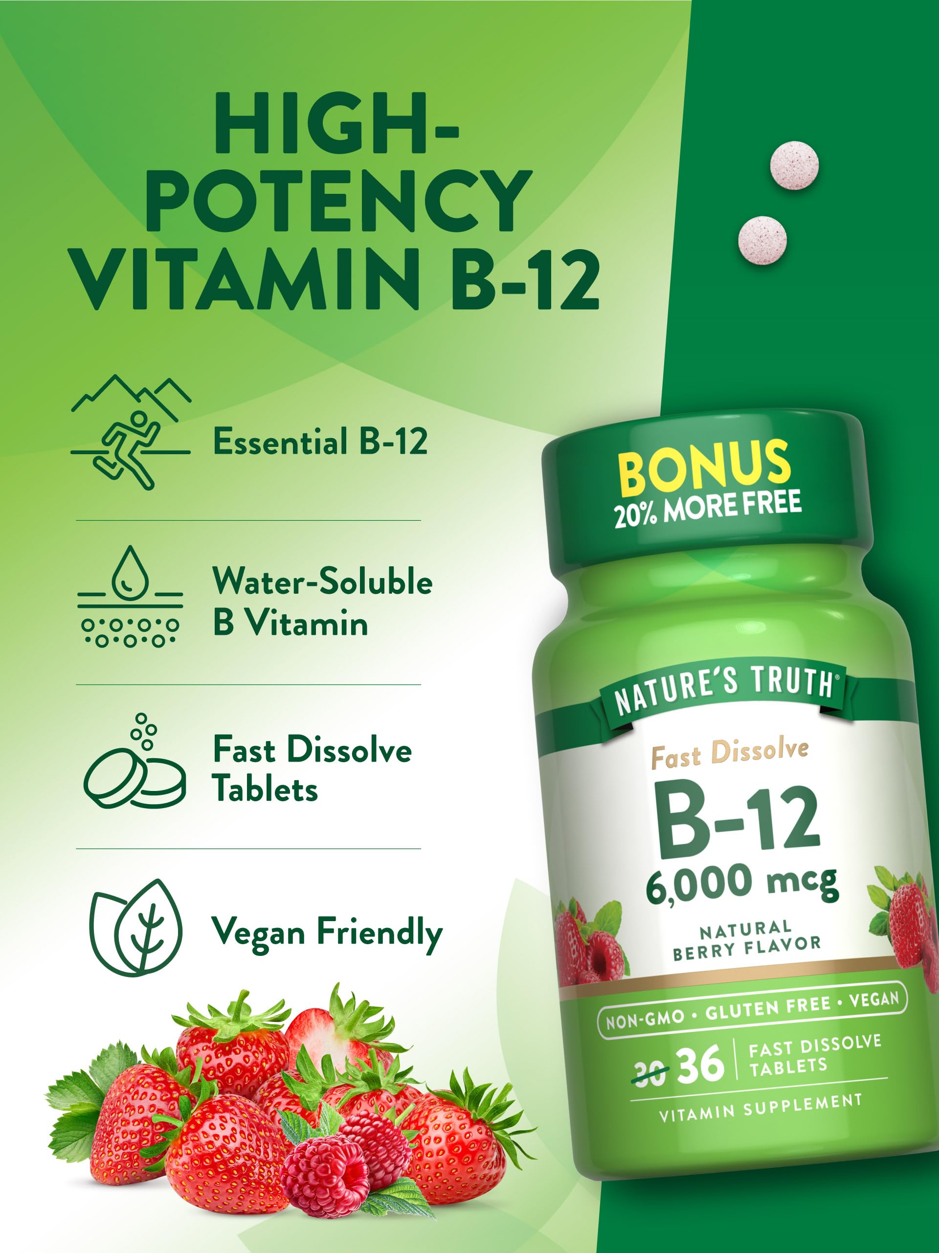 Nature's Truth Vitamin B12 tablets with a measuring spoon