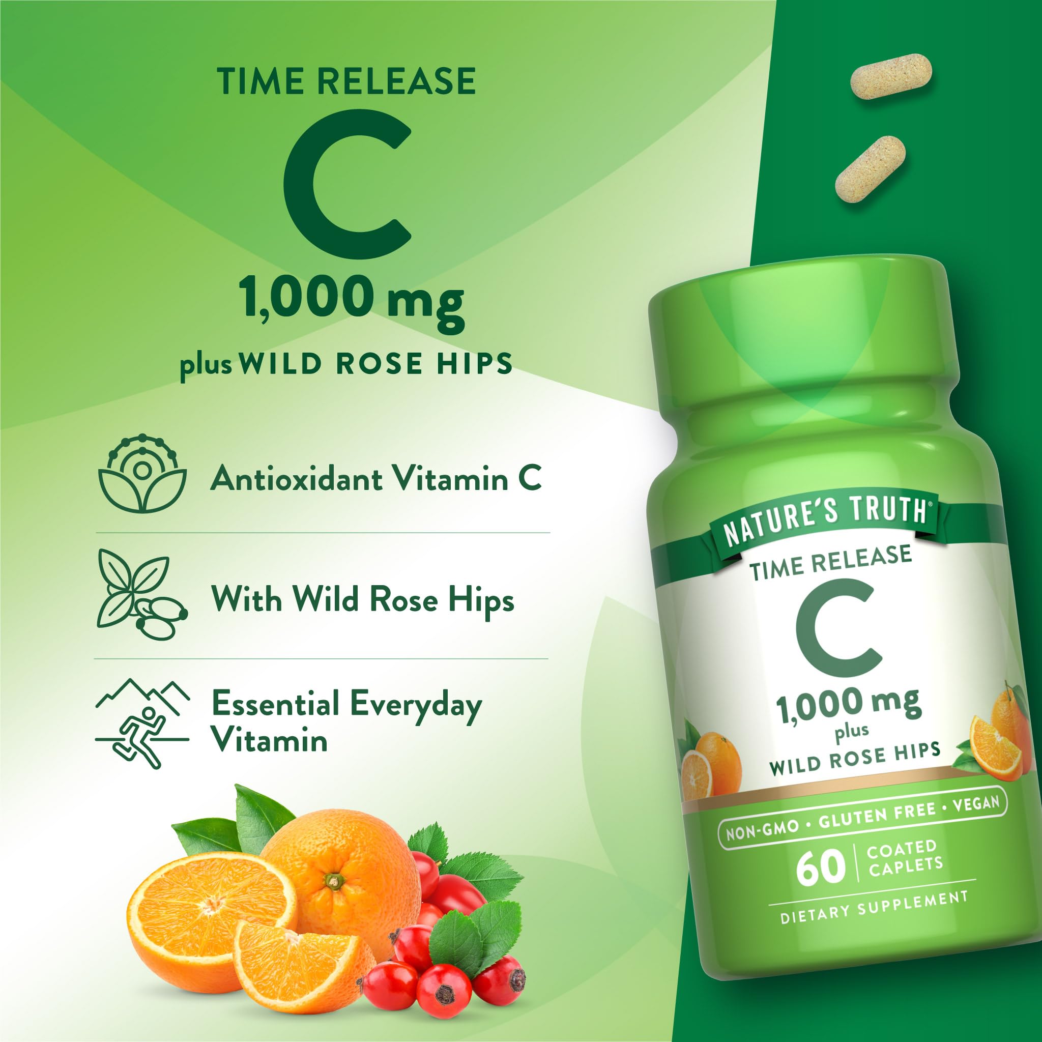Nature's Truth Vitamin C 1000mg caplets on a wooden table