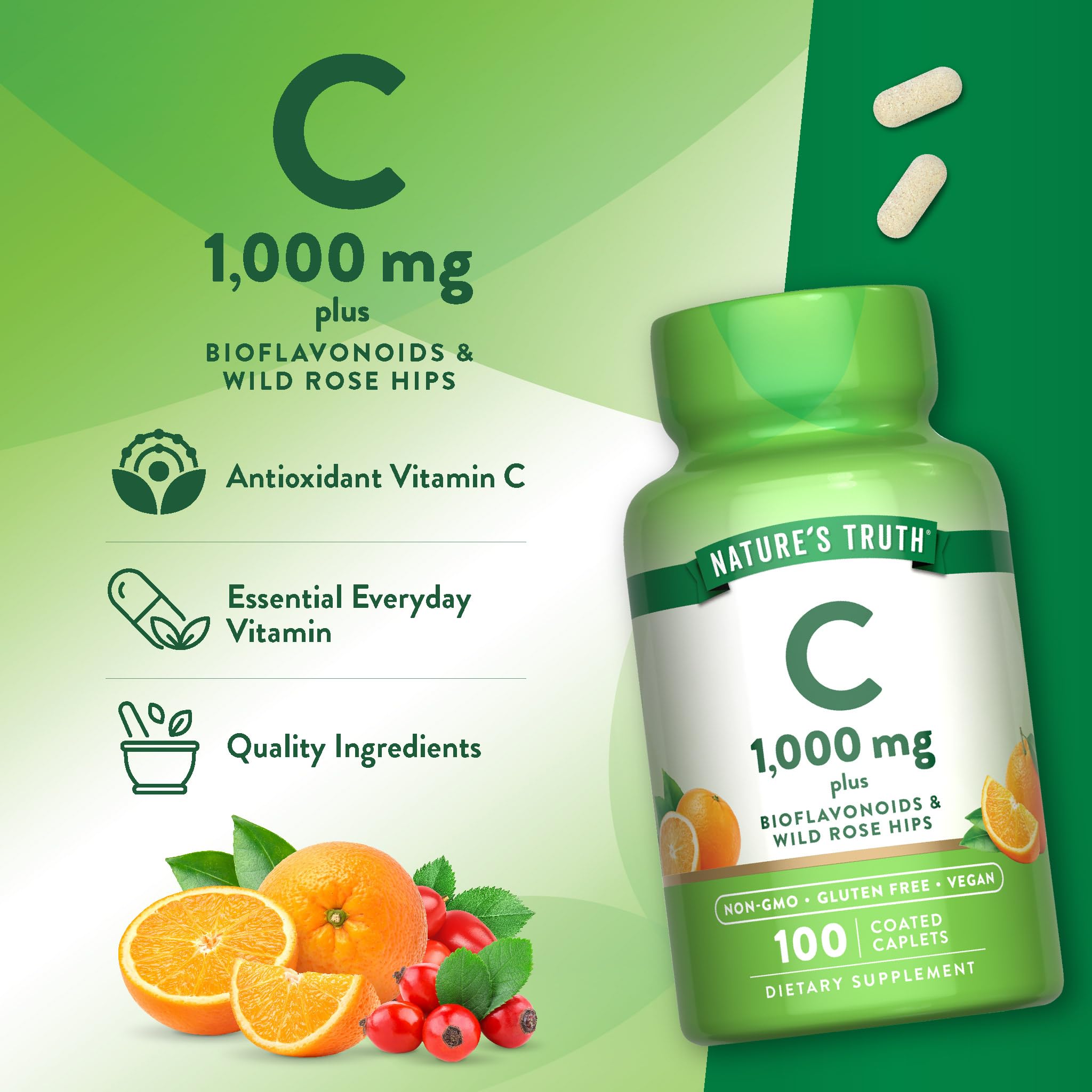 Nature's Truth Vitamin C 1000mg supplement caplet close-up