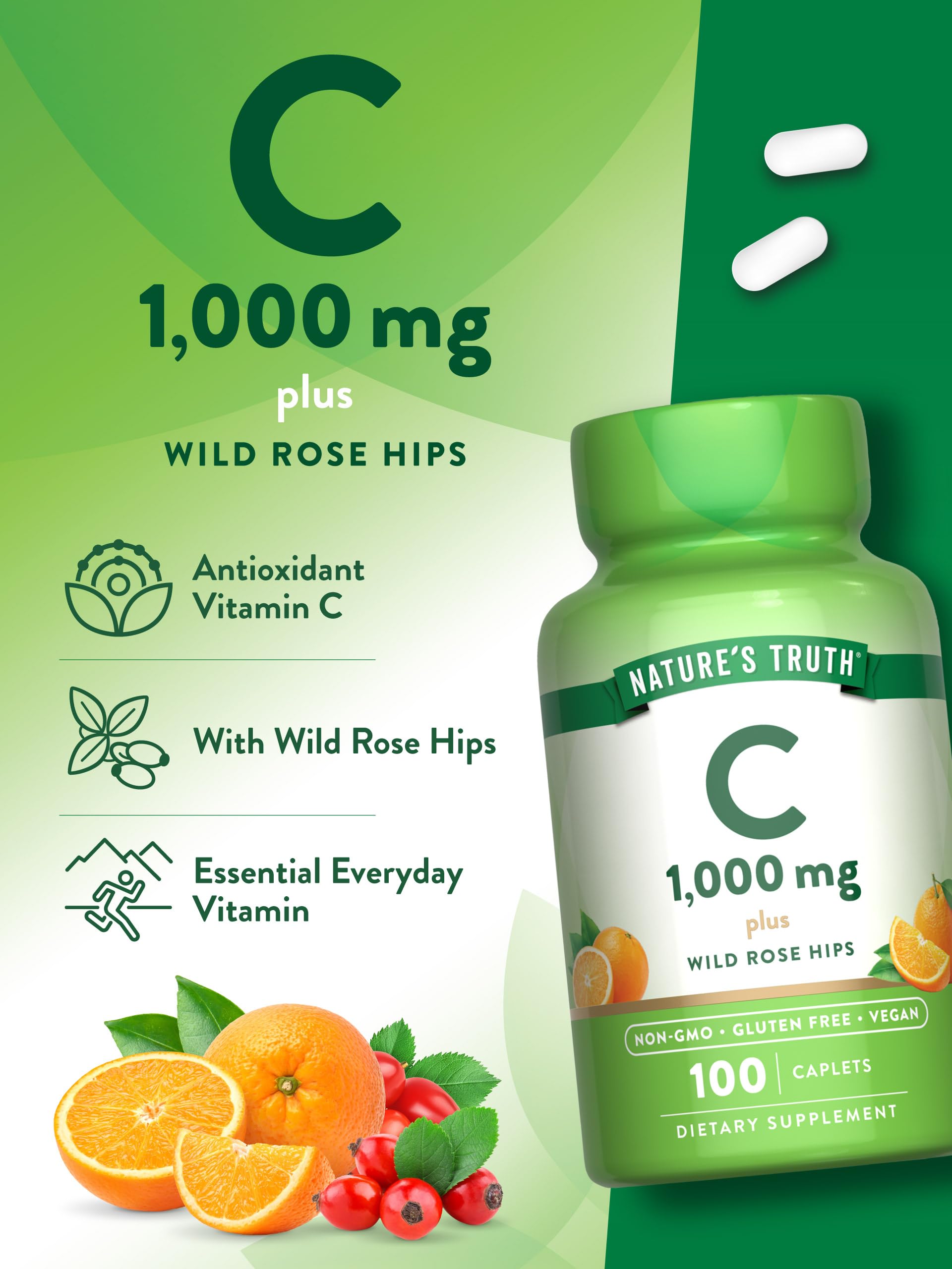 Nature's Truth Vitamin C 1000mg Vegan Caplets close-up