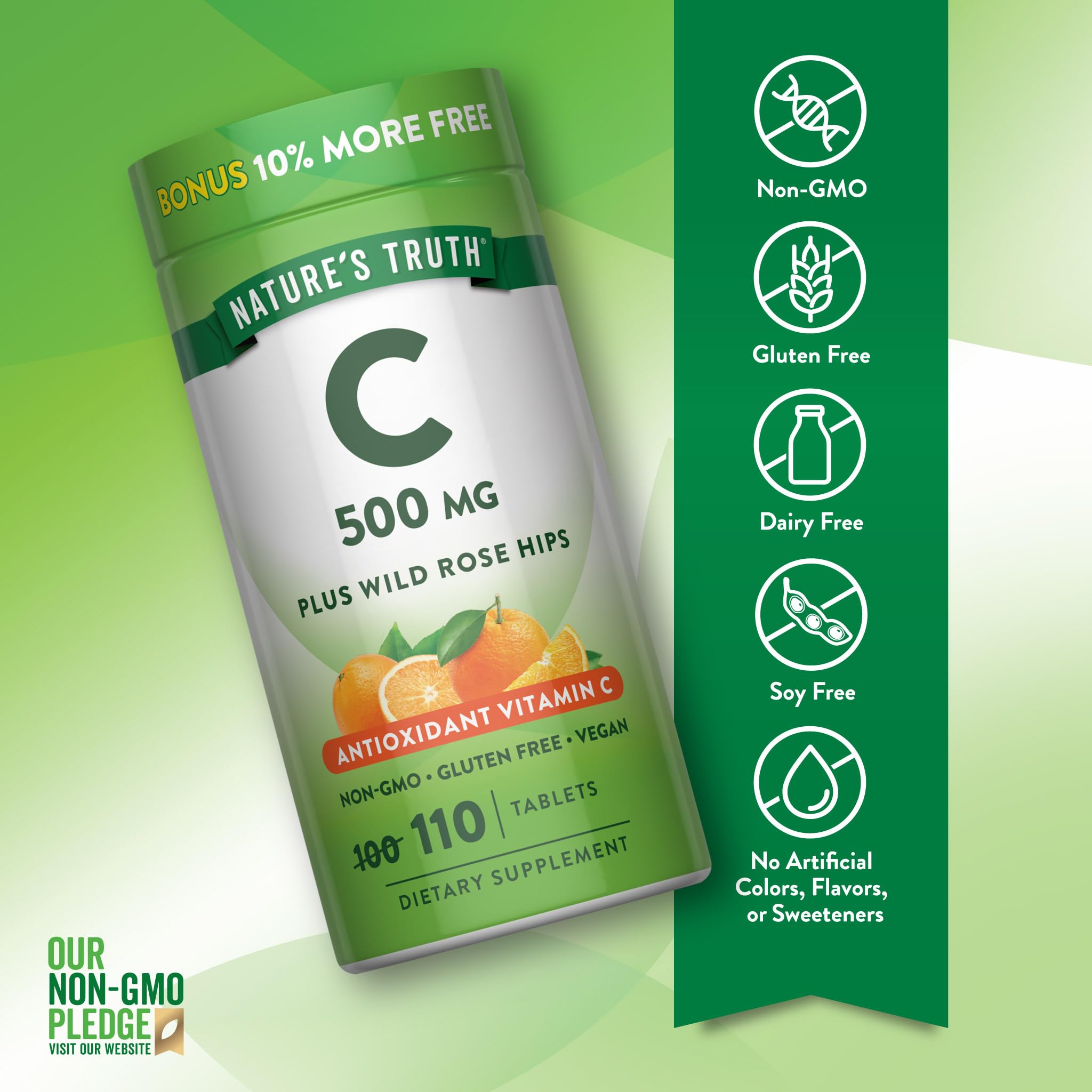 Nature's Truth Vitamin C tablets with Rose Hips side view