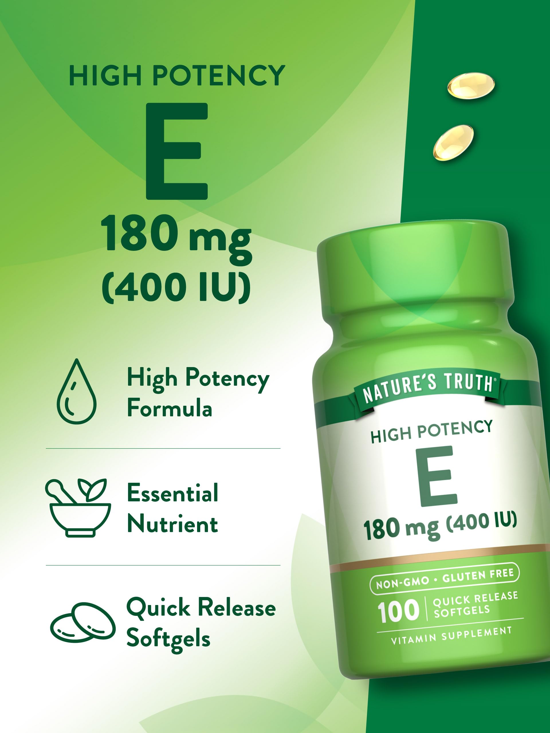 Nature's Truth Vitamin E softgel with ingredients list