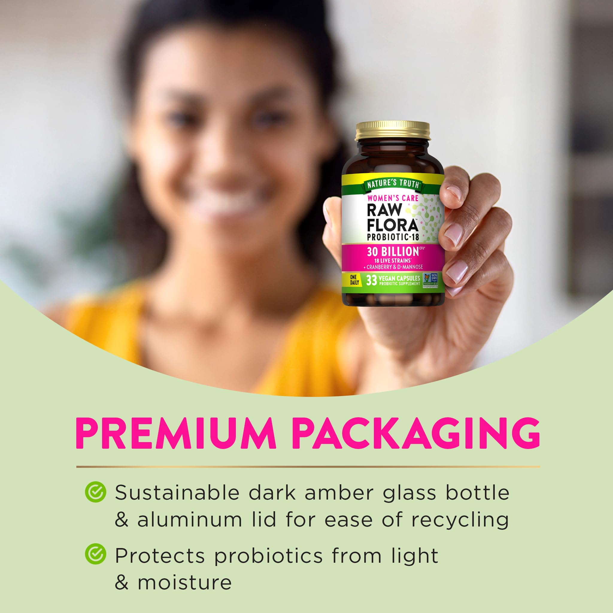 Nature's Truth Women's Raw Flora Probiotic bottle with recycling symbol