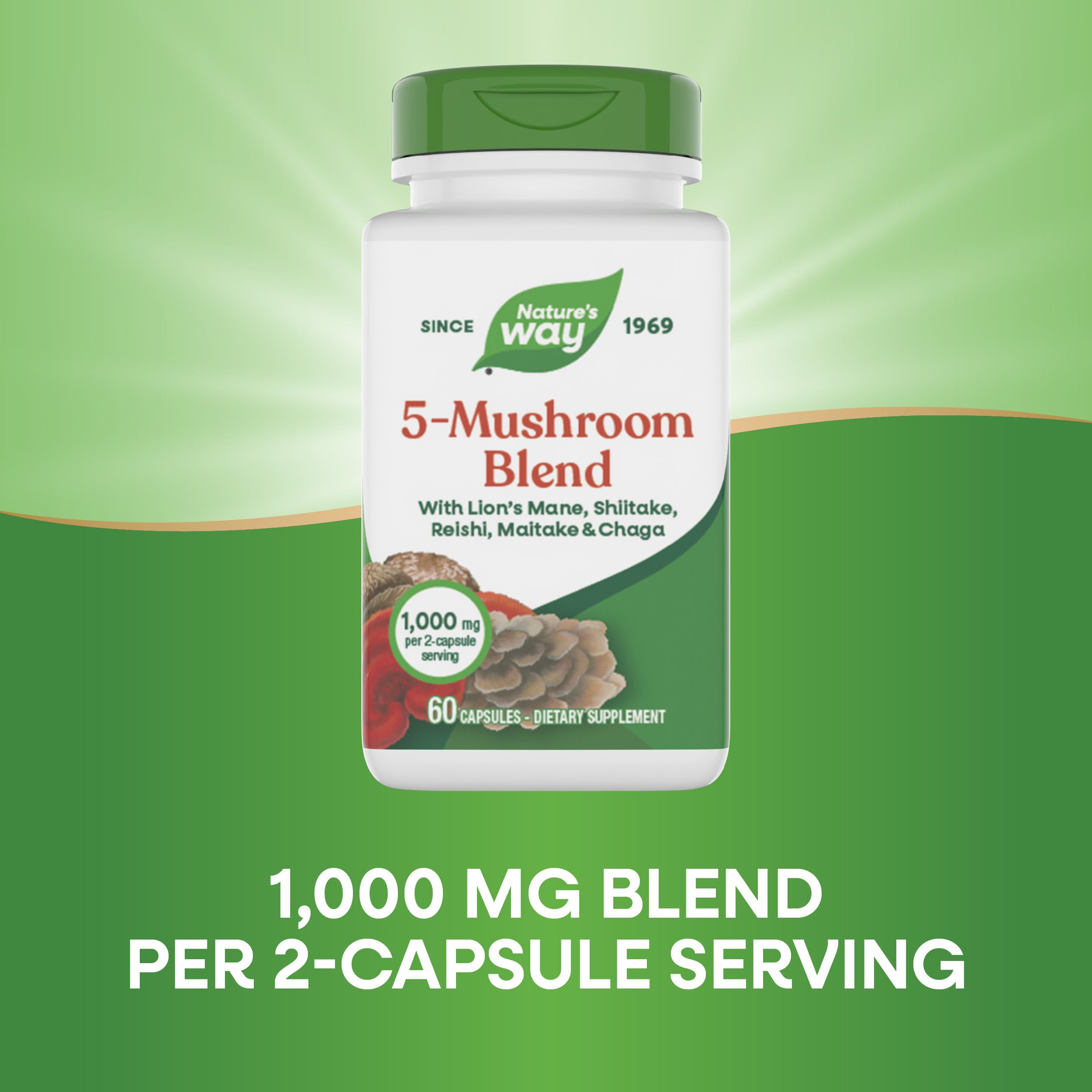 Nature's Way 5-Mushroom Blend capsules on a wooden surface