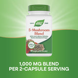 Nature's Way 5-Mushroom Blend capsules on a wooden surface