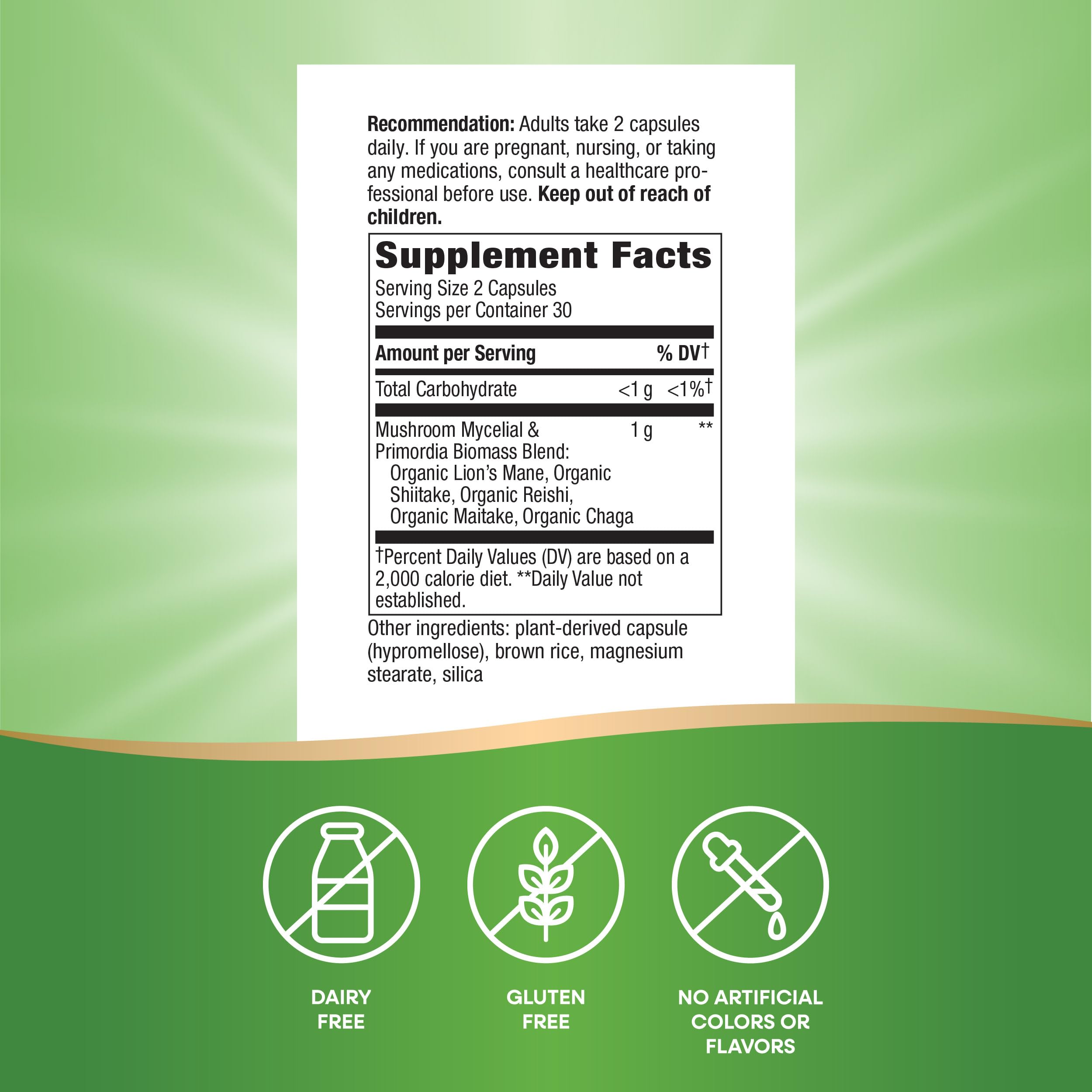 Nature's Way 5-Mushroom Blend capsules with mushrooms background