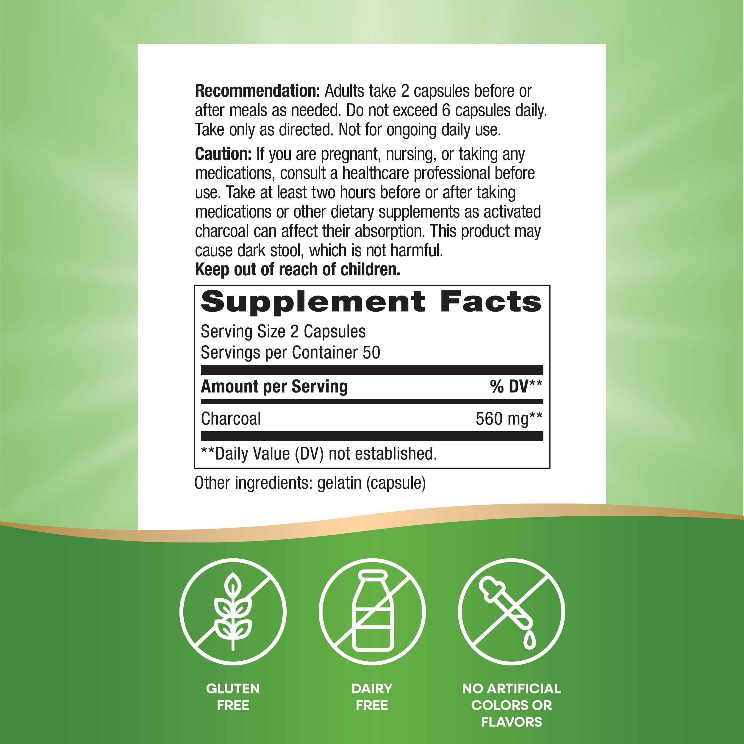 Nature's Way Activated Charcoal Capsules side view showing capsule size