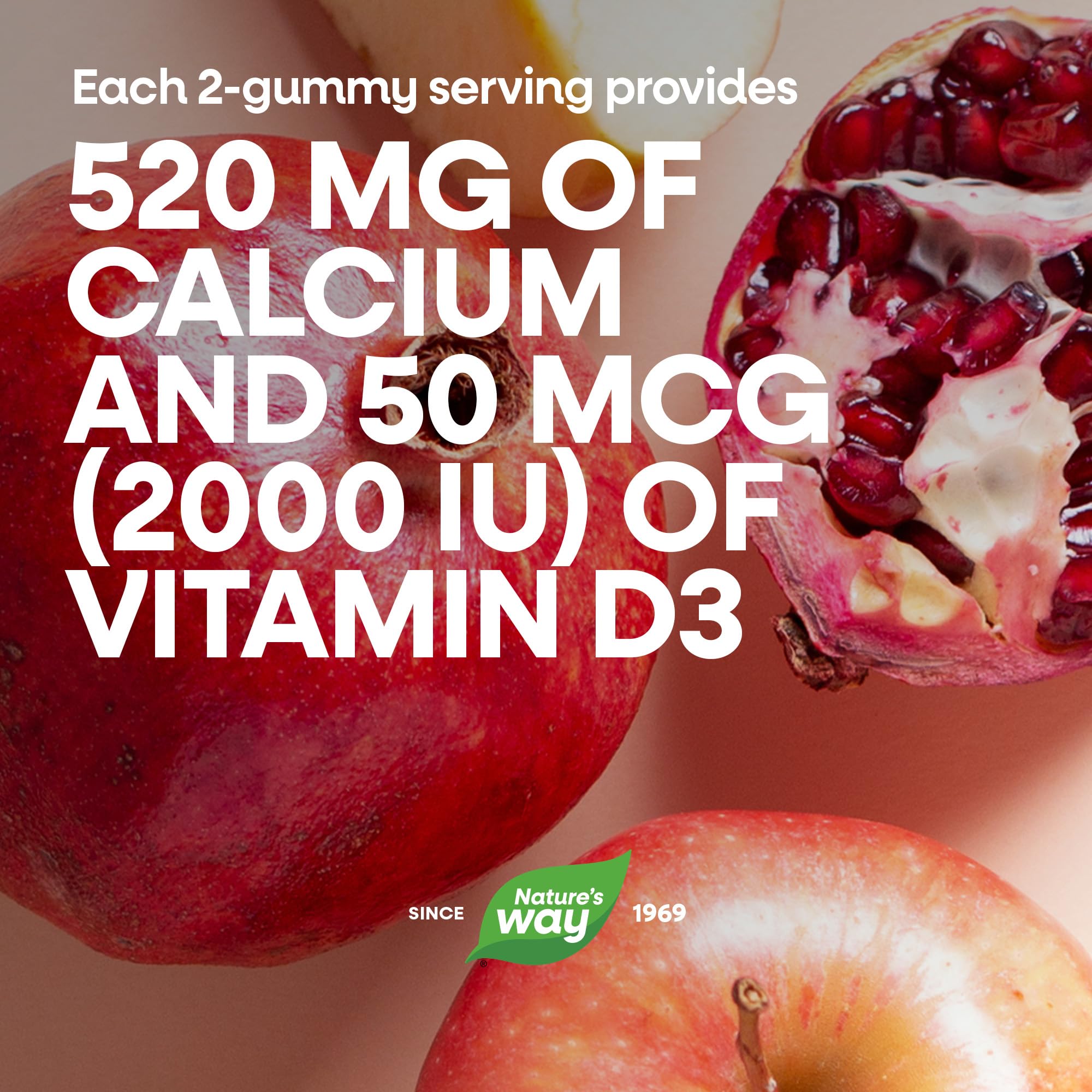 Nature's Way Alive! Calcium Gummies with fruits background