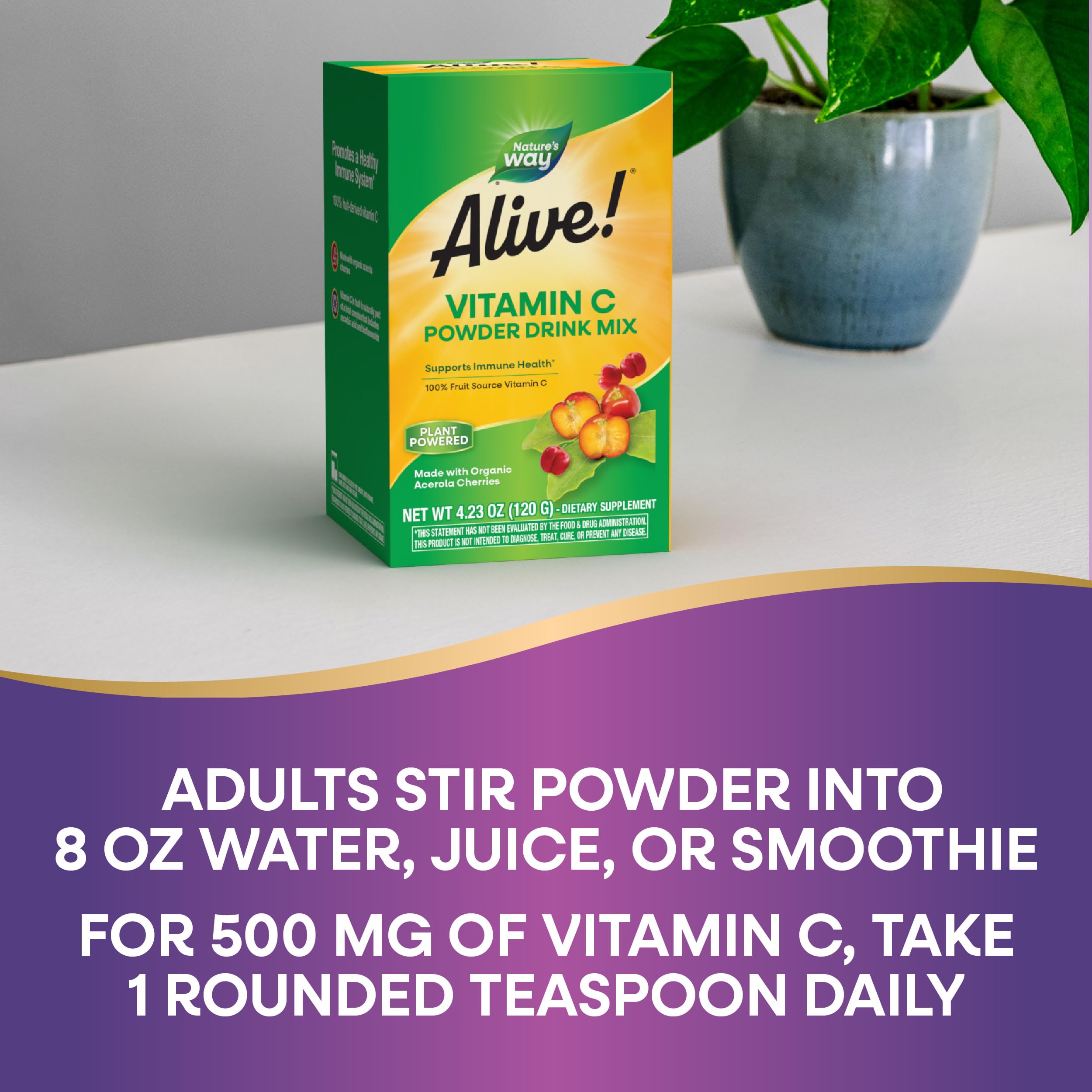 Nature's Way Alive! Vitamin C Powder Drink Mix on a kitchen counter