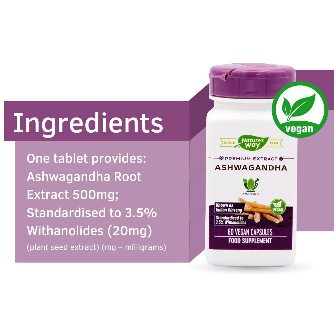 Nature's Way Ashwagandha 60 Vcaps on a wooden table