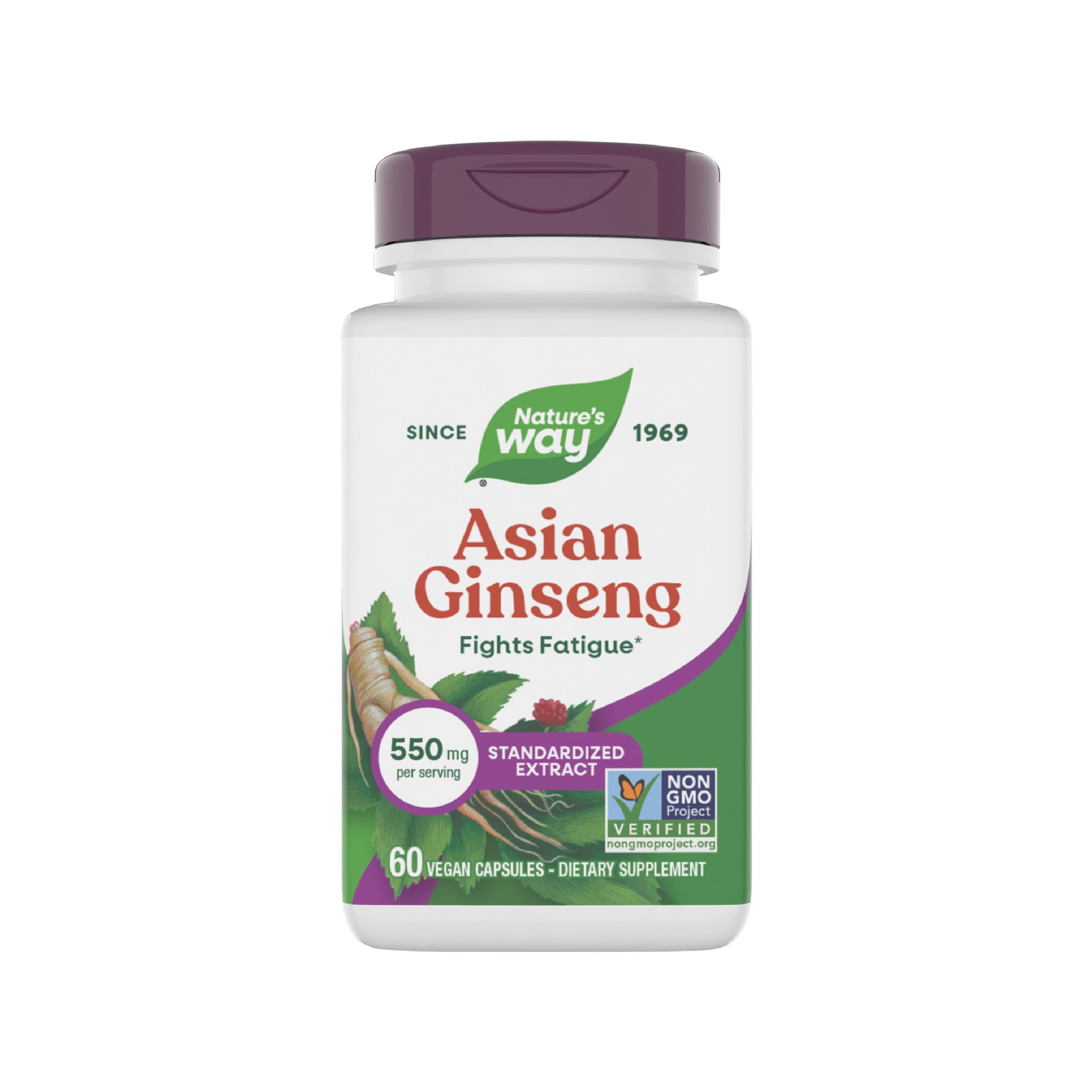 Nature's Way Asian Ginseng 54g front view with capsule bottle