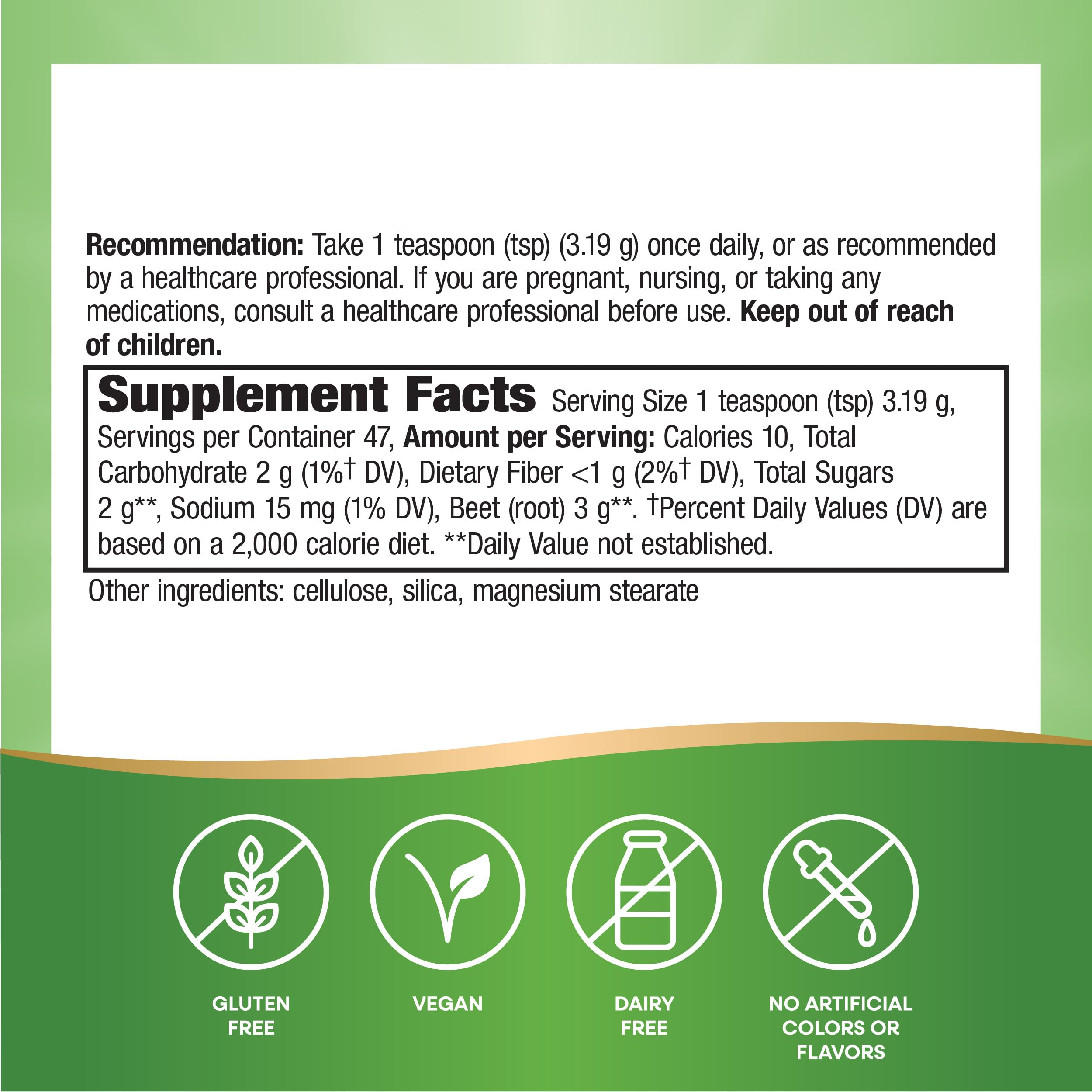 Nature's Way Beet Root Powder 209g in a glass with water