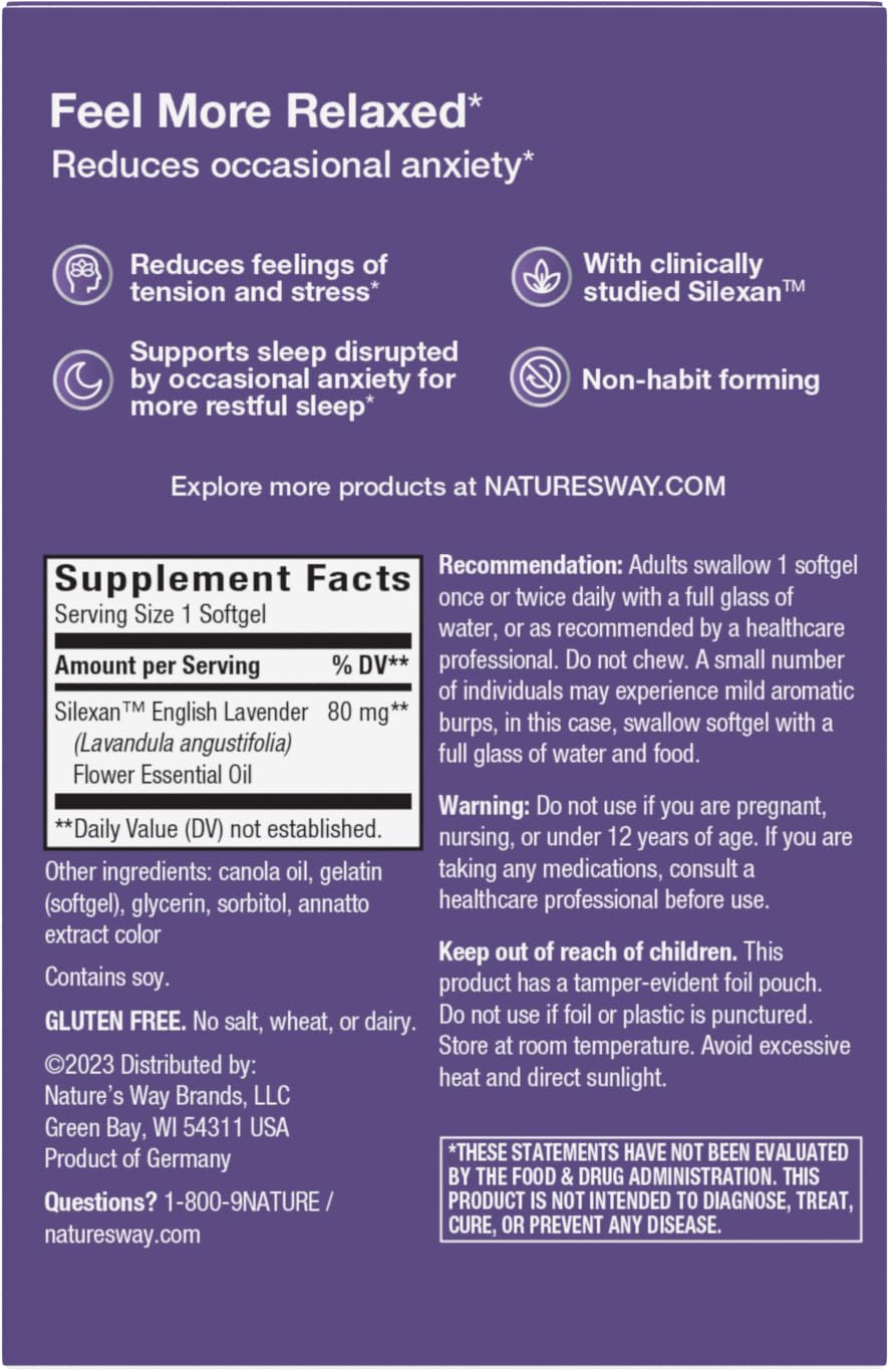 Nature's Way CalmAid Lavender Oil Softgels with lavender flowers