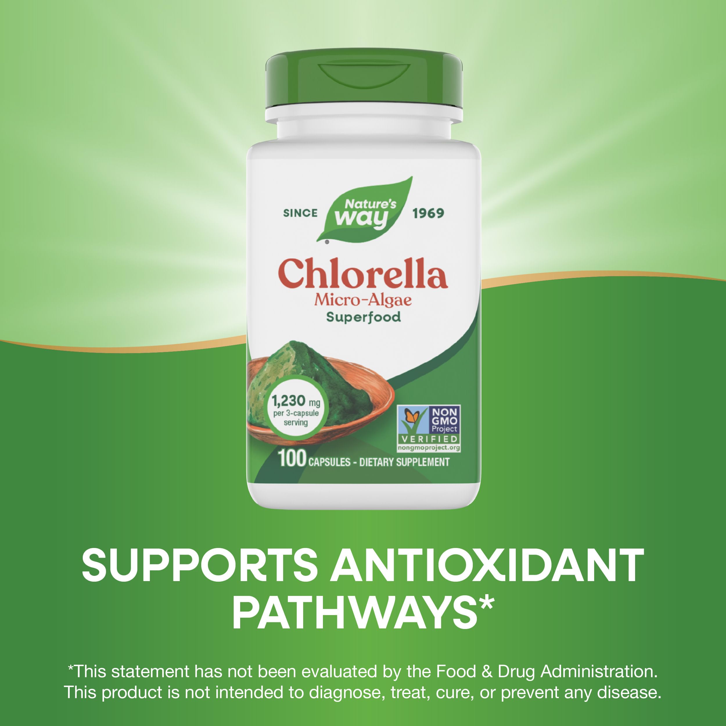 Nature's Way Chlorella 1230mg bottle with capsules
