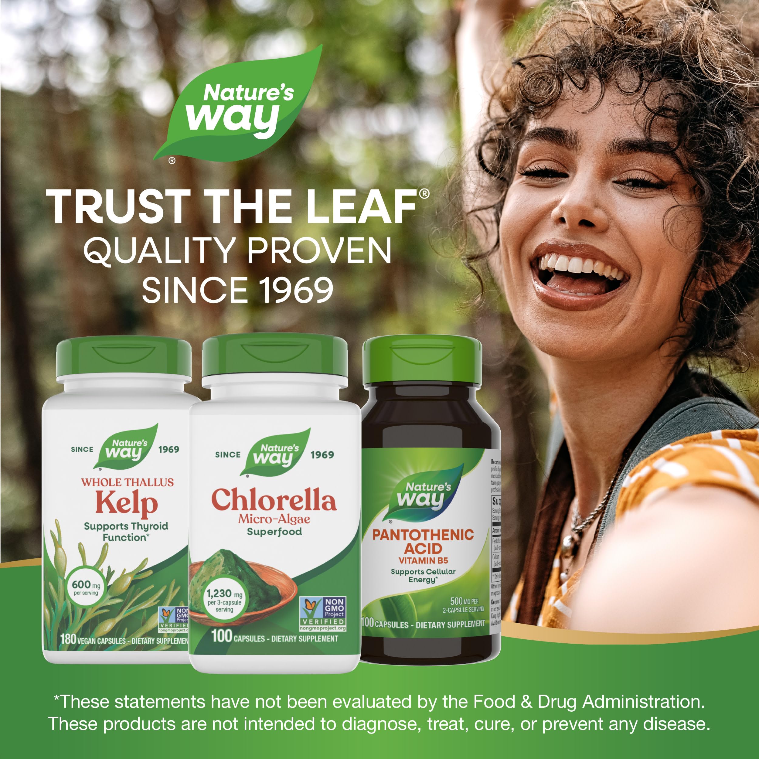 Nature's Way Chlorella 1230mg capsules in a hand