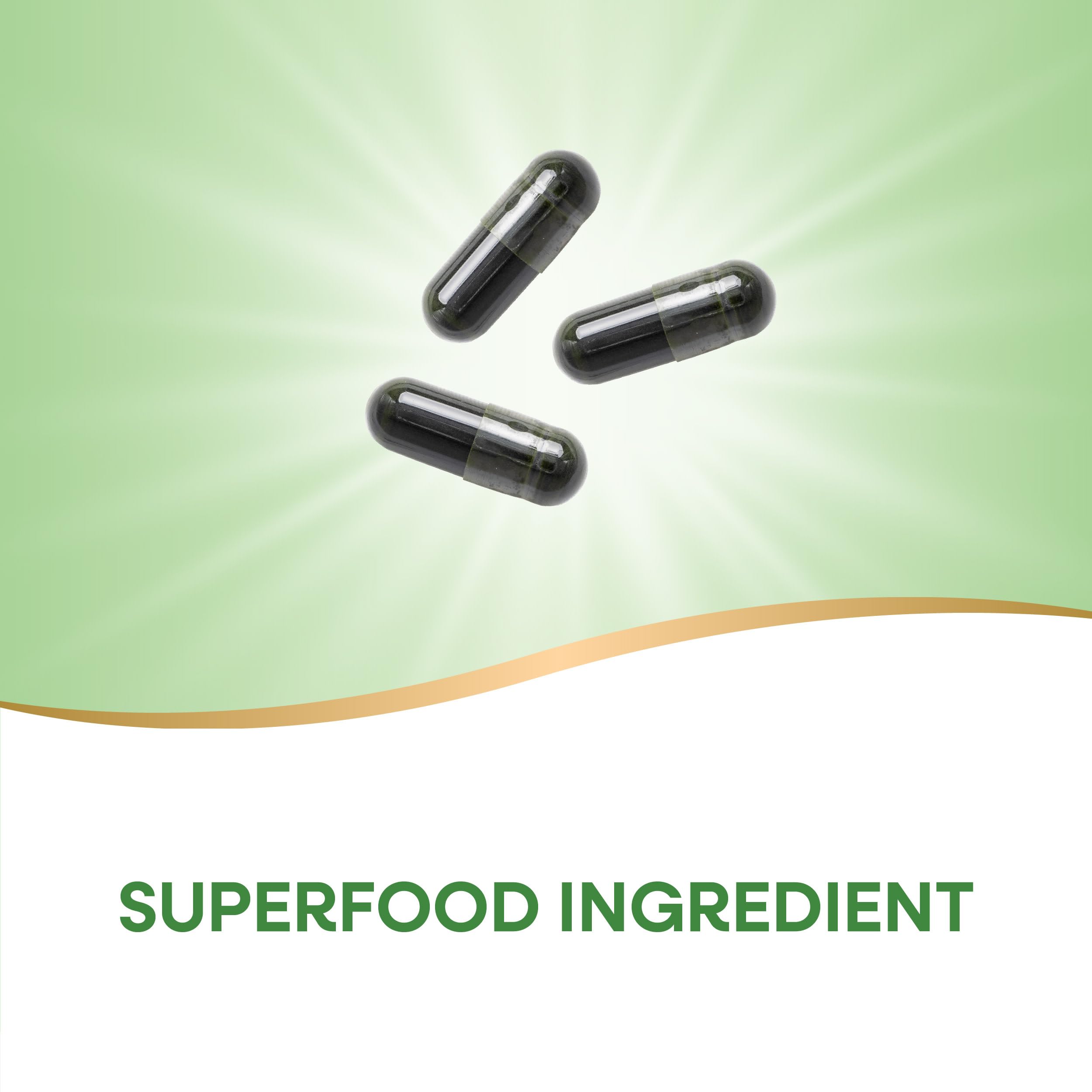 Nature's Way Chlorella 1230mg capsules on a wooden table