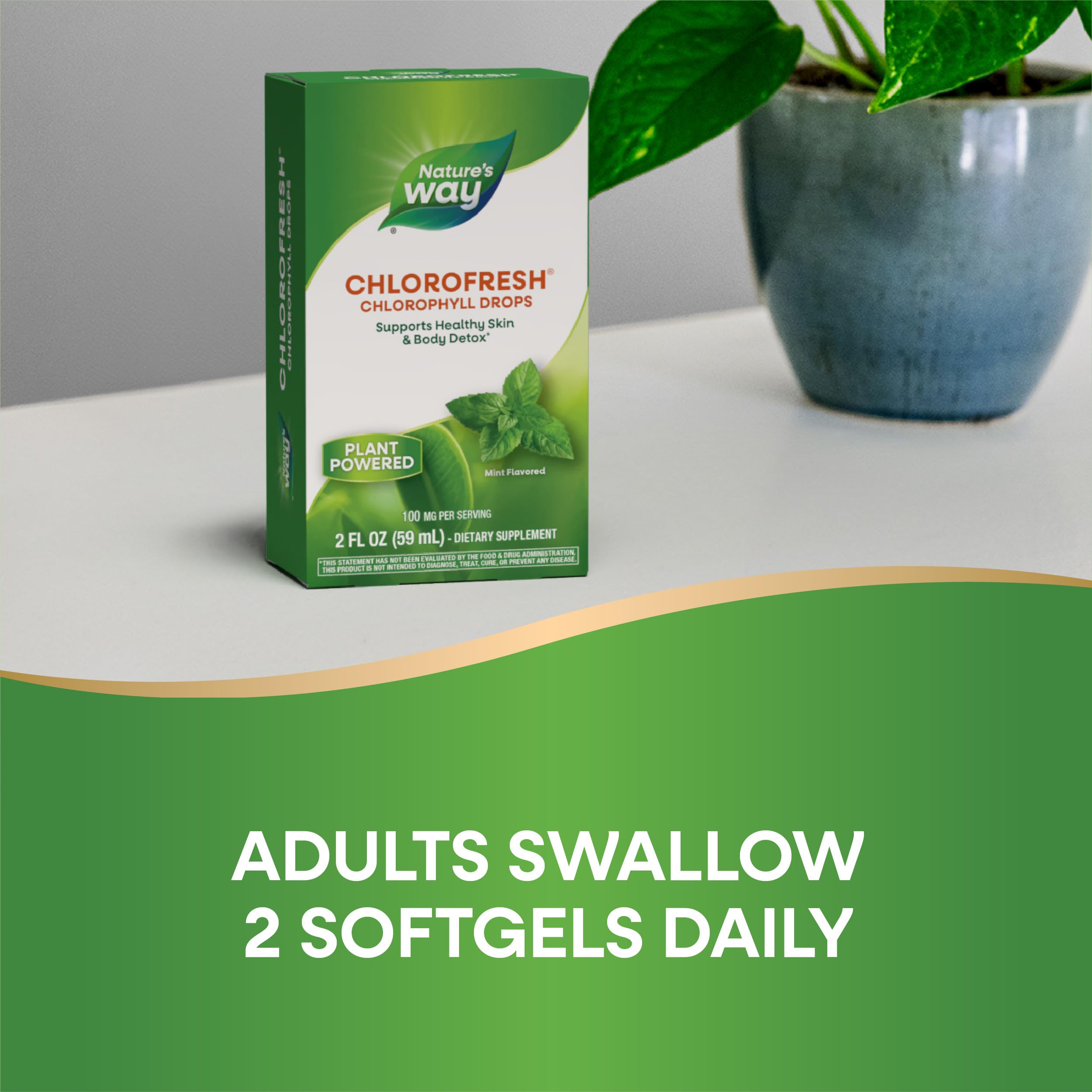 Nature's Way Chlorofresh liquid chlorophyllin complex in a glass