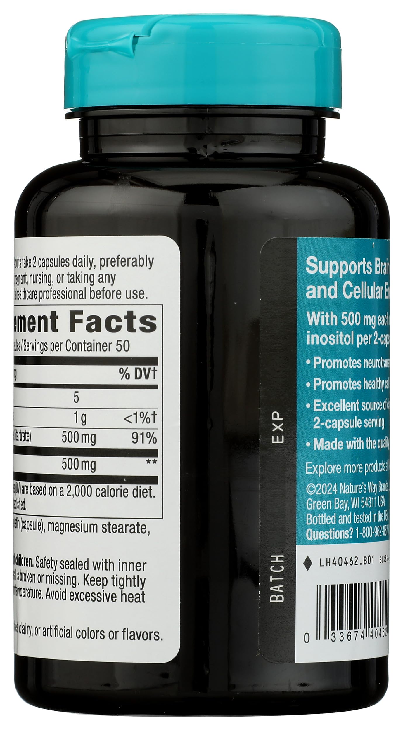 Nature's Way Choline & Inositol Capsules 500mg side view