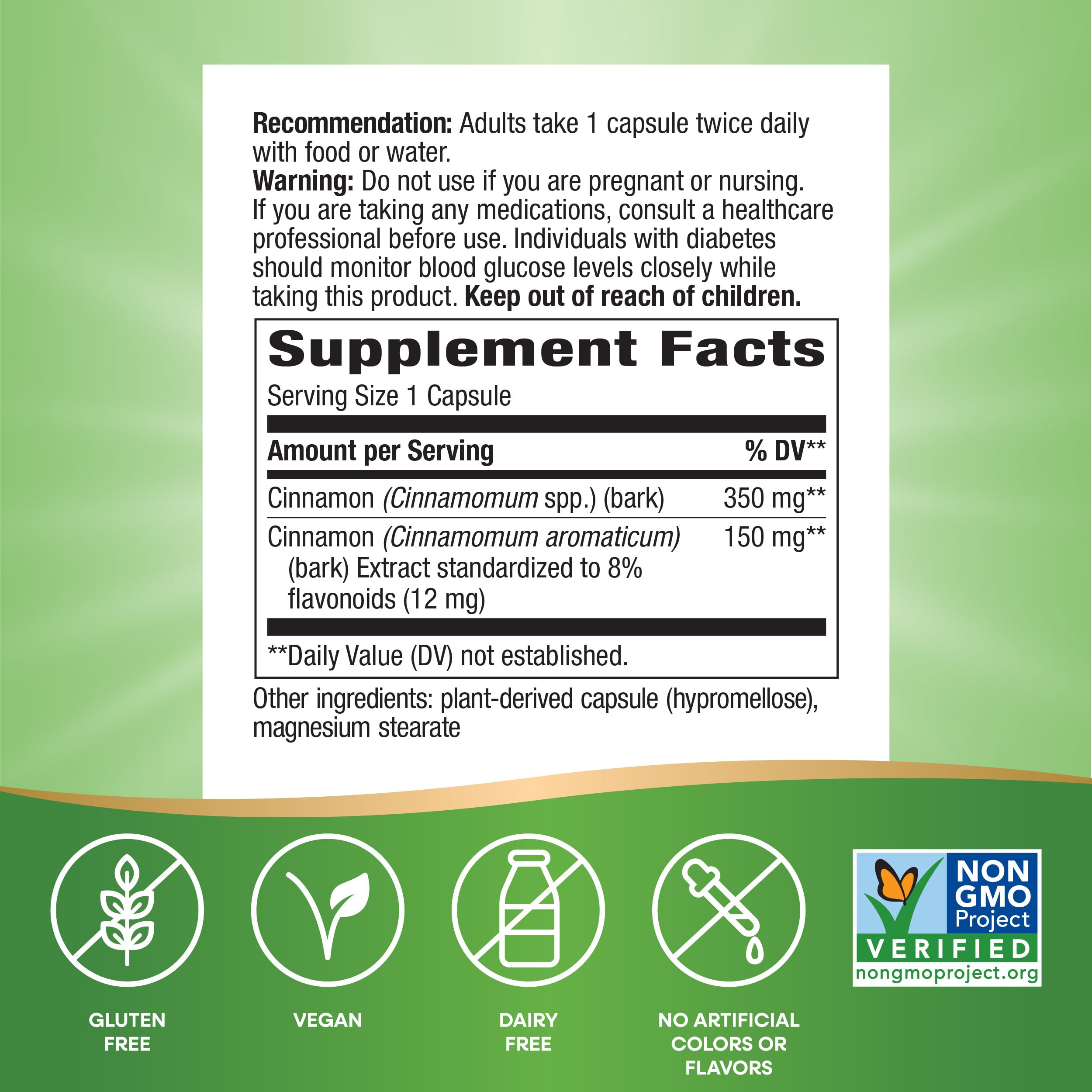 Nature's Way Cinnamon Bark Capsules bottle side view with ingredients
