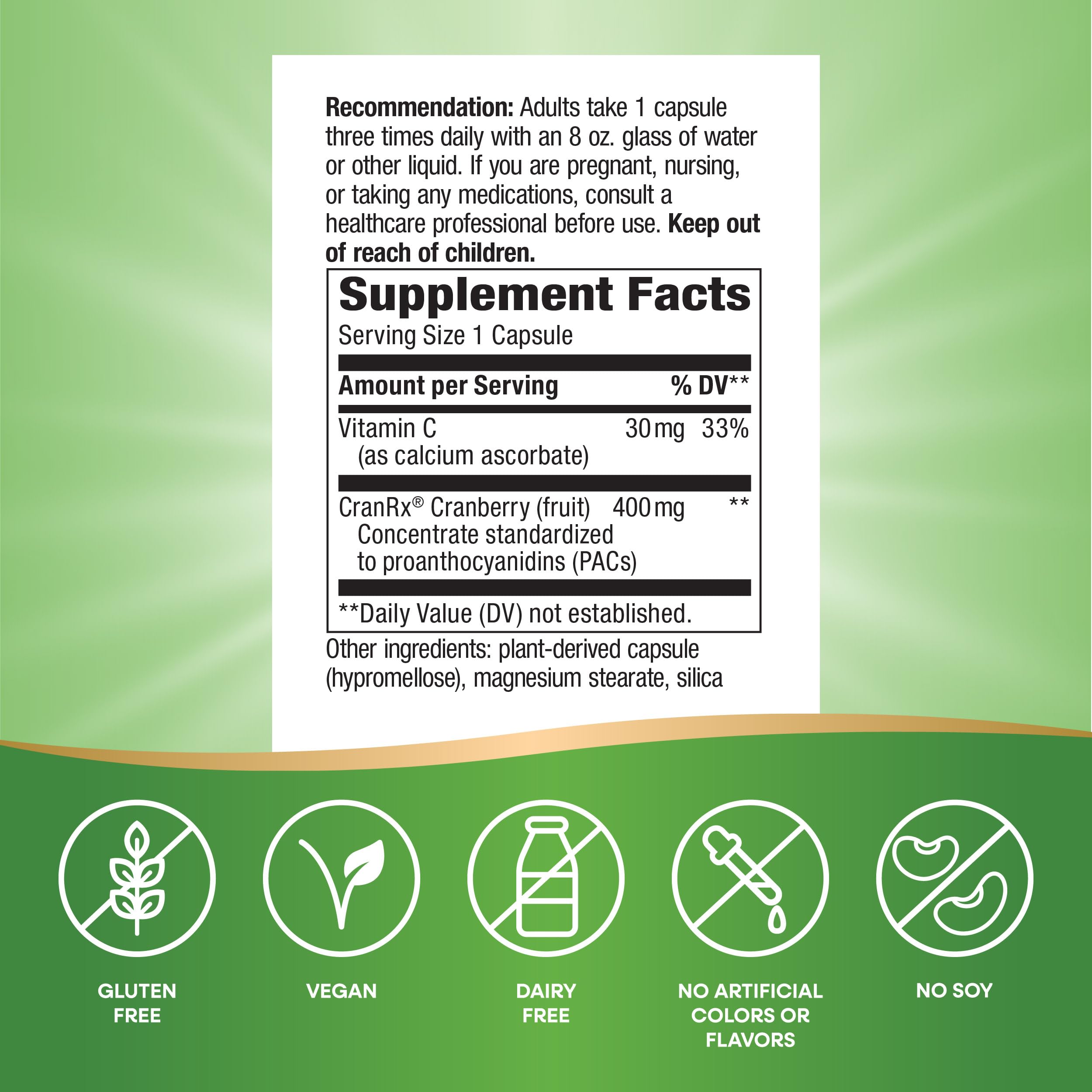 Nature's Way Cranberry Supplement back view with ingredient list