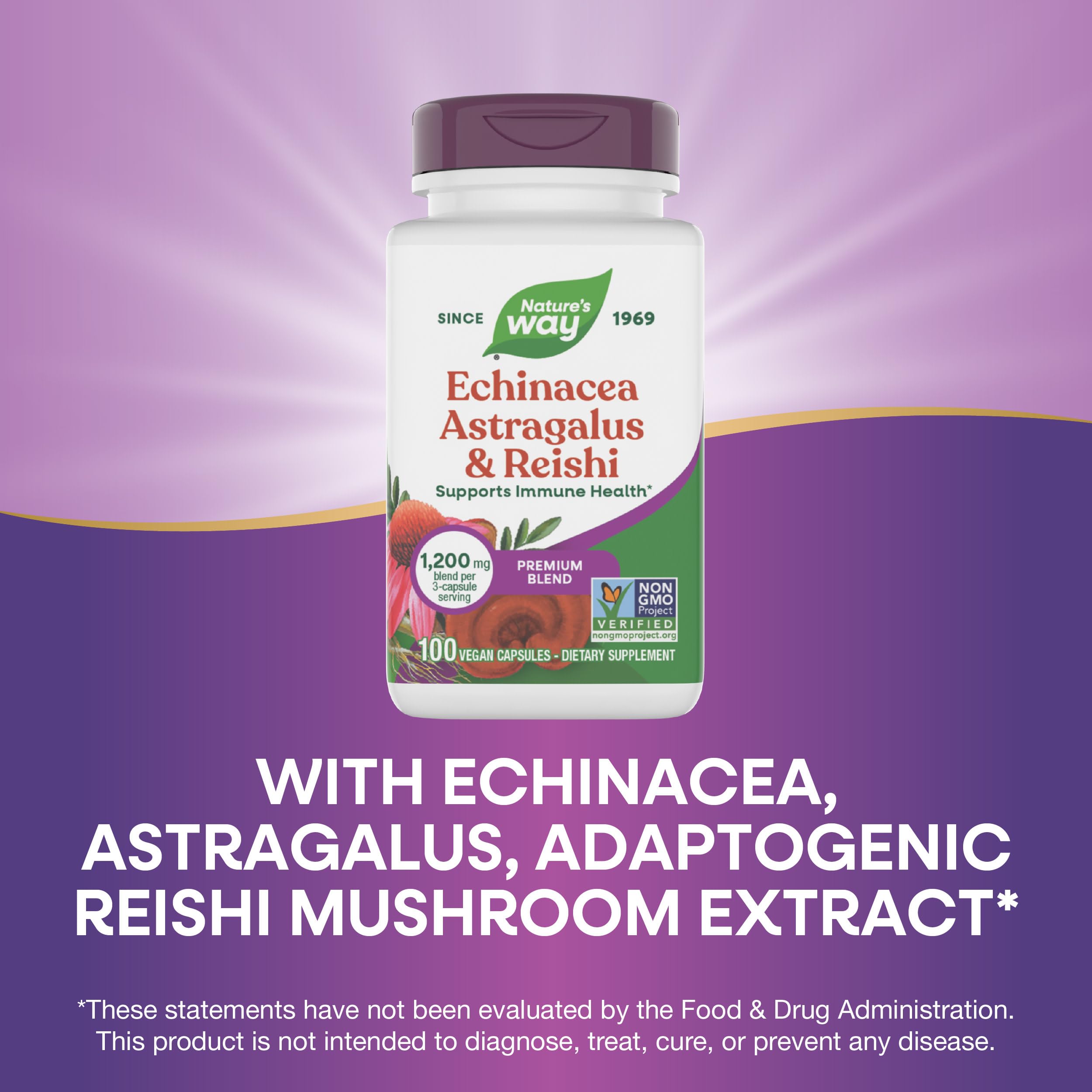 Nature's Way Echinacea Astragalus & Reishi capsules on a wooden surface