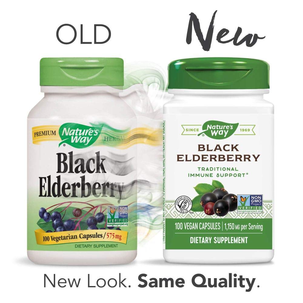 Nature's Way Elderberry capsules on a kitchen counter