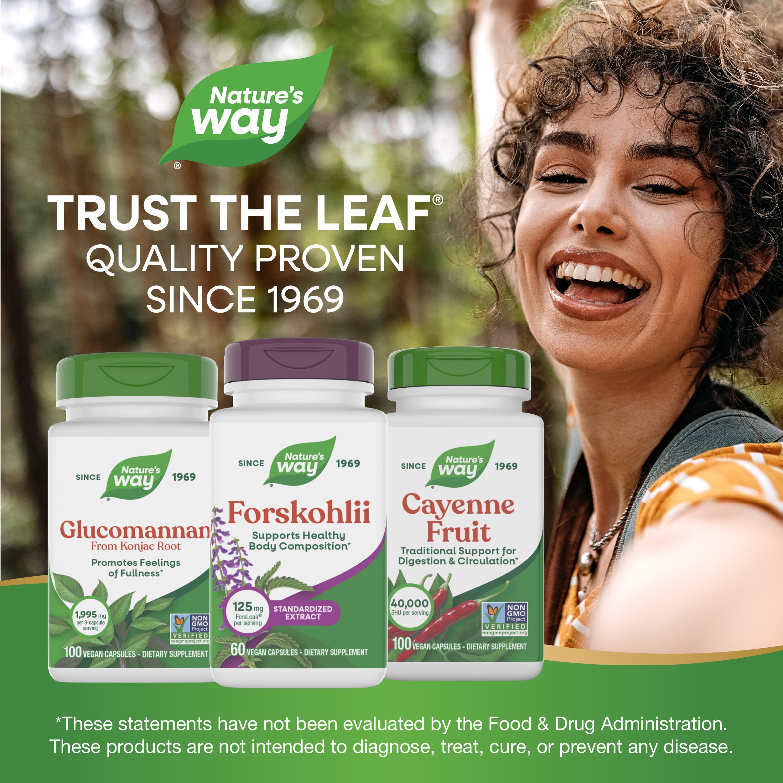 Nature's Way Forskohlii 125mg supplement with plant background
