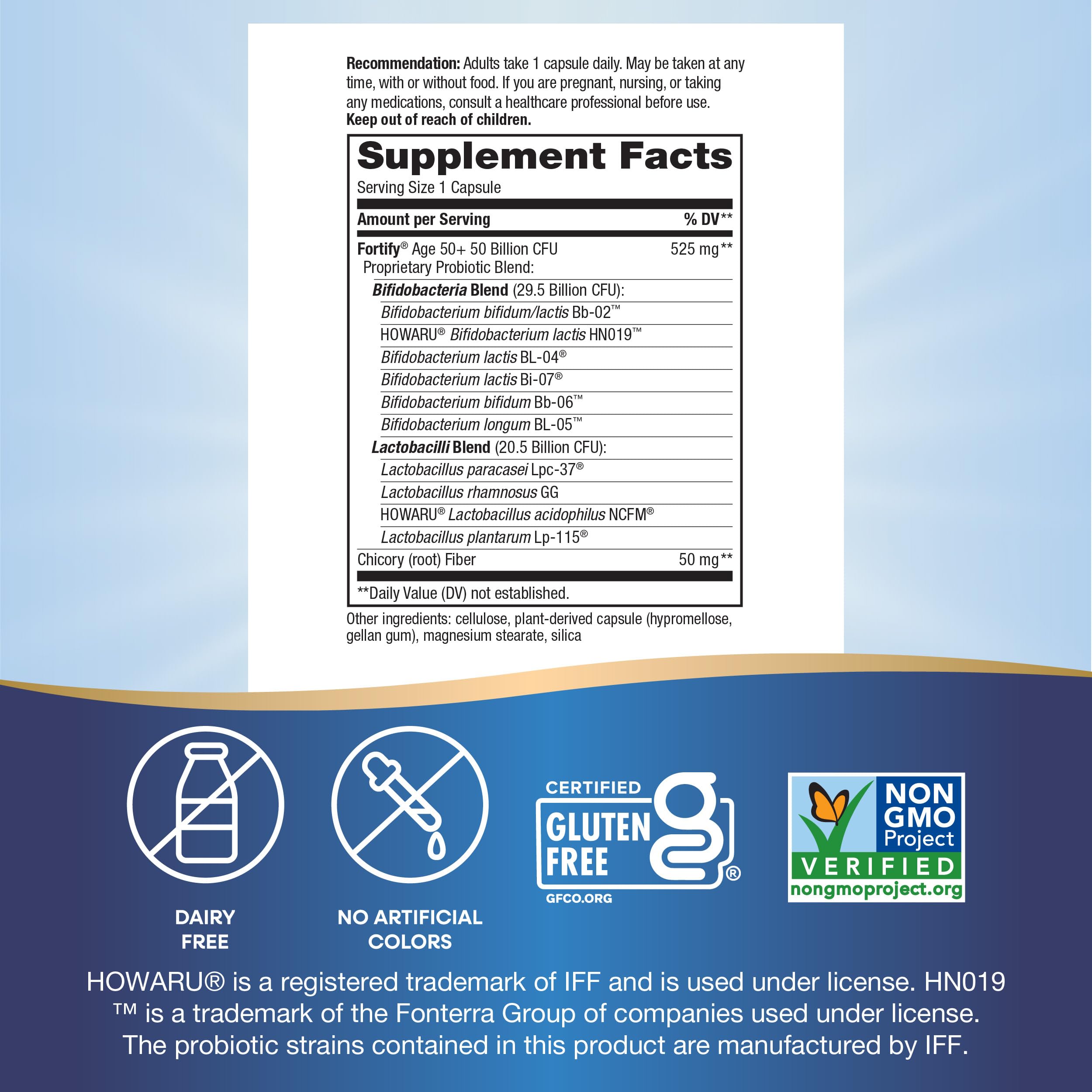 Nature's Way Fortify 50+ Probiotic ingredients list close-up