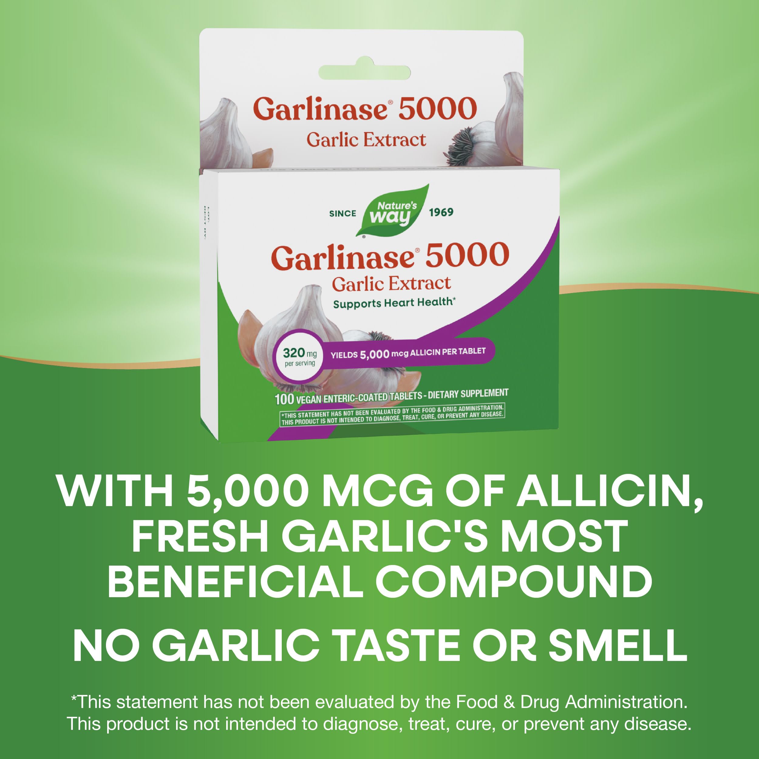 Nature's Way Garlinase 5000 supplement bottle on a wooden table