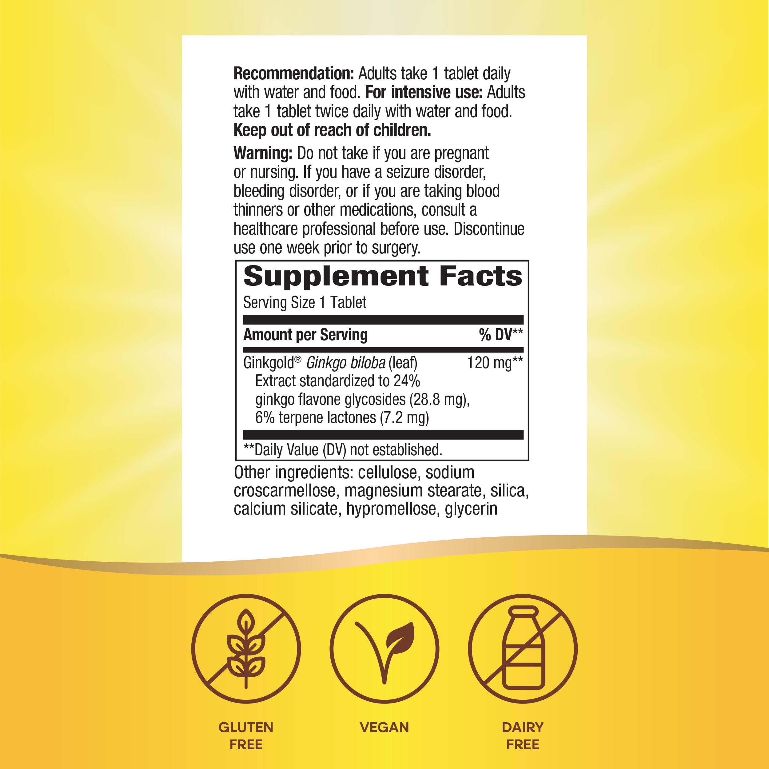 Nature's Way Ginkgold Max Ginkgo Biloba 50g tablet on a wooden table