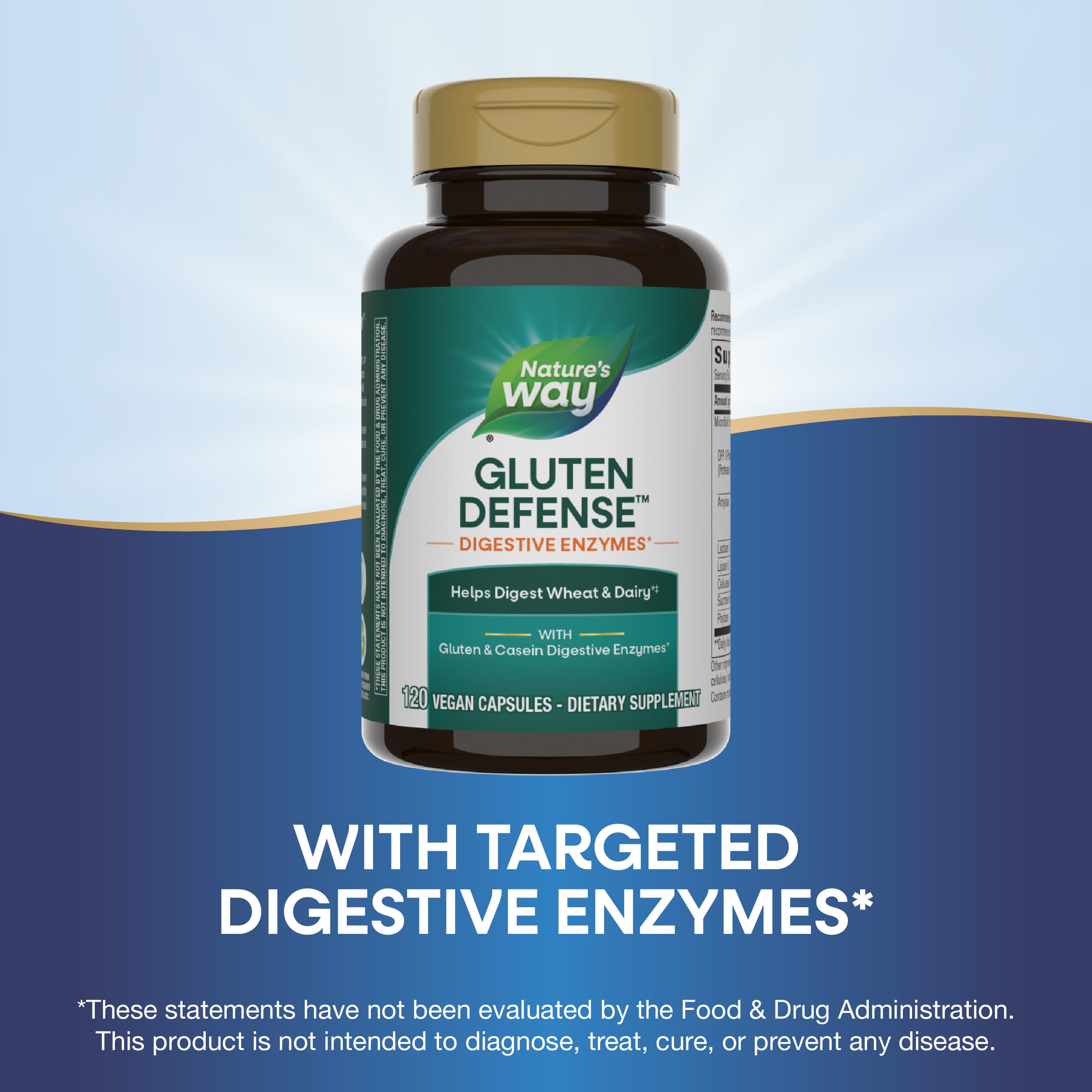 Nature's Way Gluten Defense 36g capsules on a wooden table