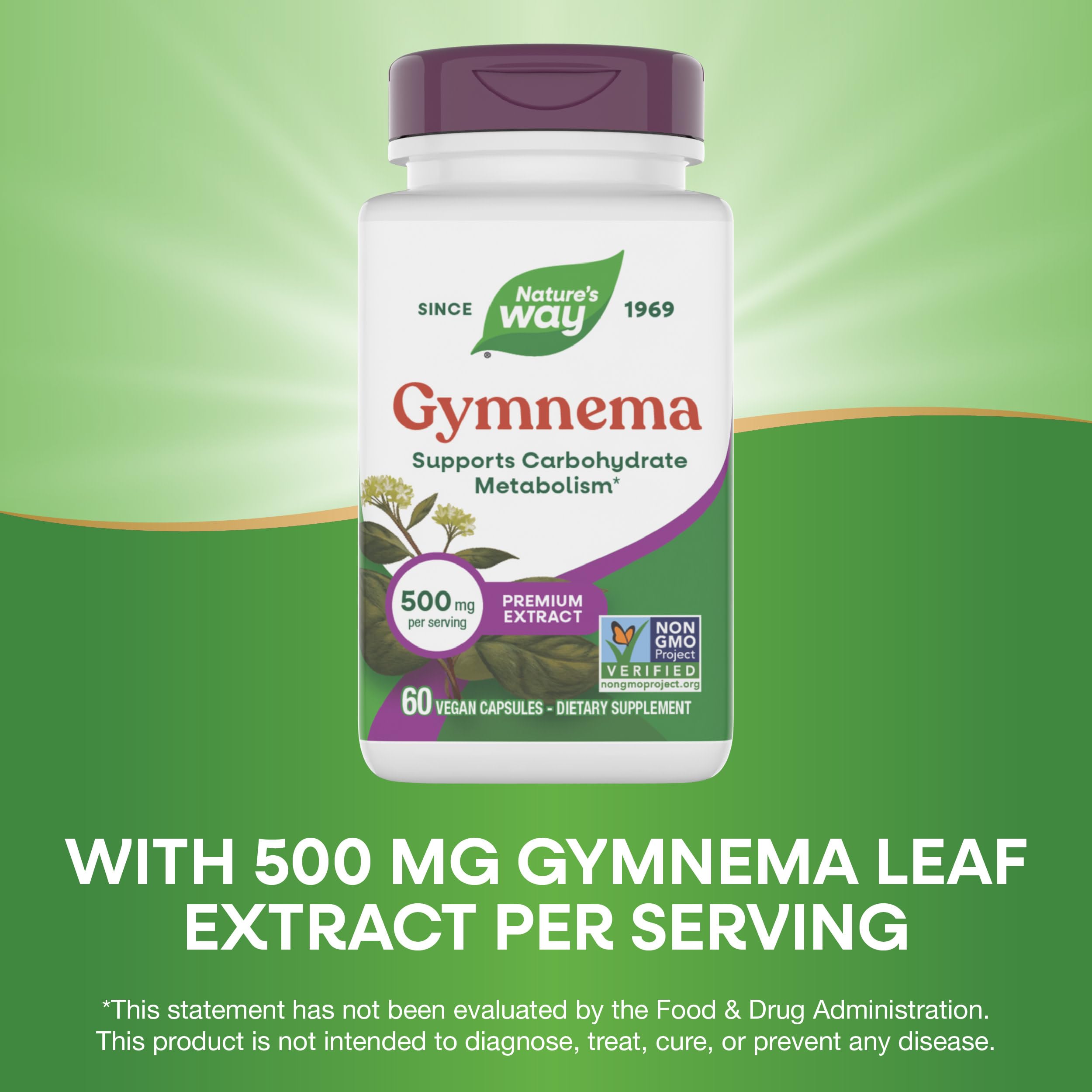 Nature's Way Gymnema Premium Extract 500mg capsules with plant background