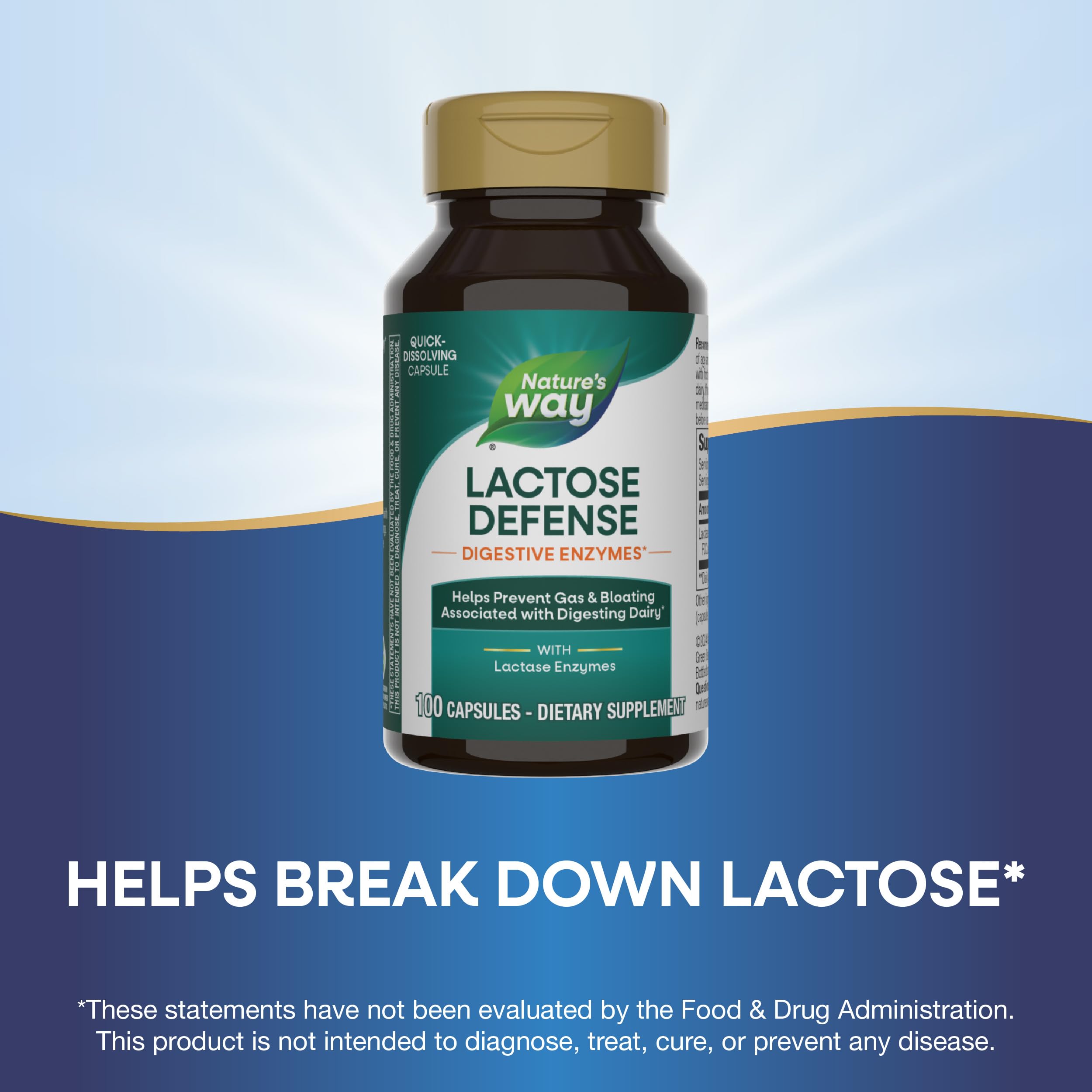 Nature's Way Lactose Defense multi-enzyme capsules on a wooden table