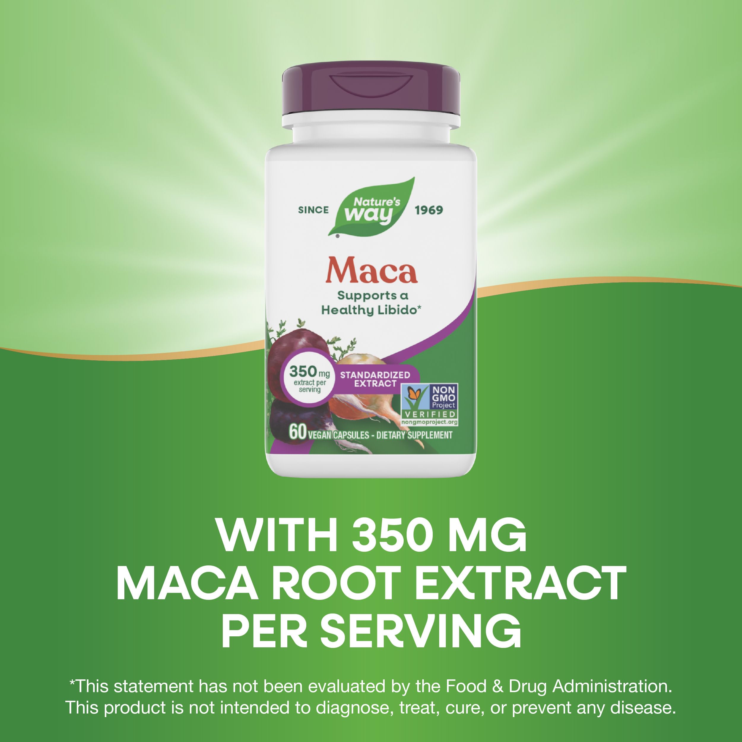 Nature's Way Maca Extract capsules on a wooden table