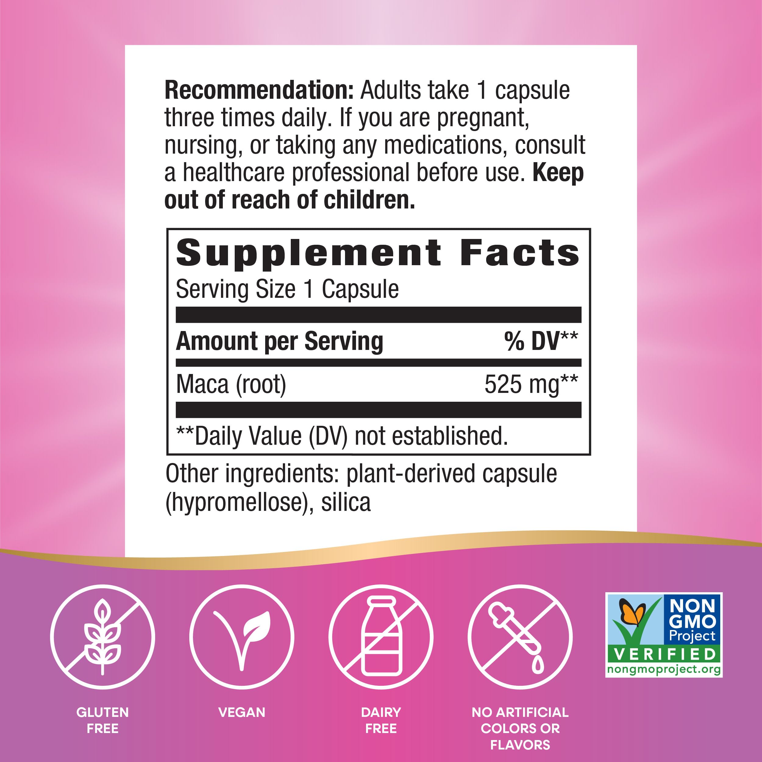 Nature's Way Maca Root Capsules 525mg on wooden table