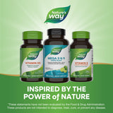 Nature's Way Mega 3/6/9 Omega Oil Blend softgels on a wooden table