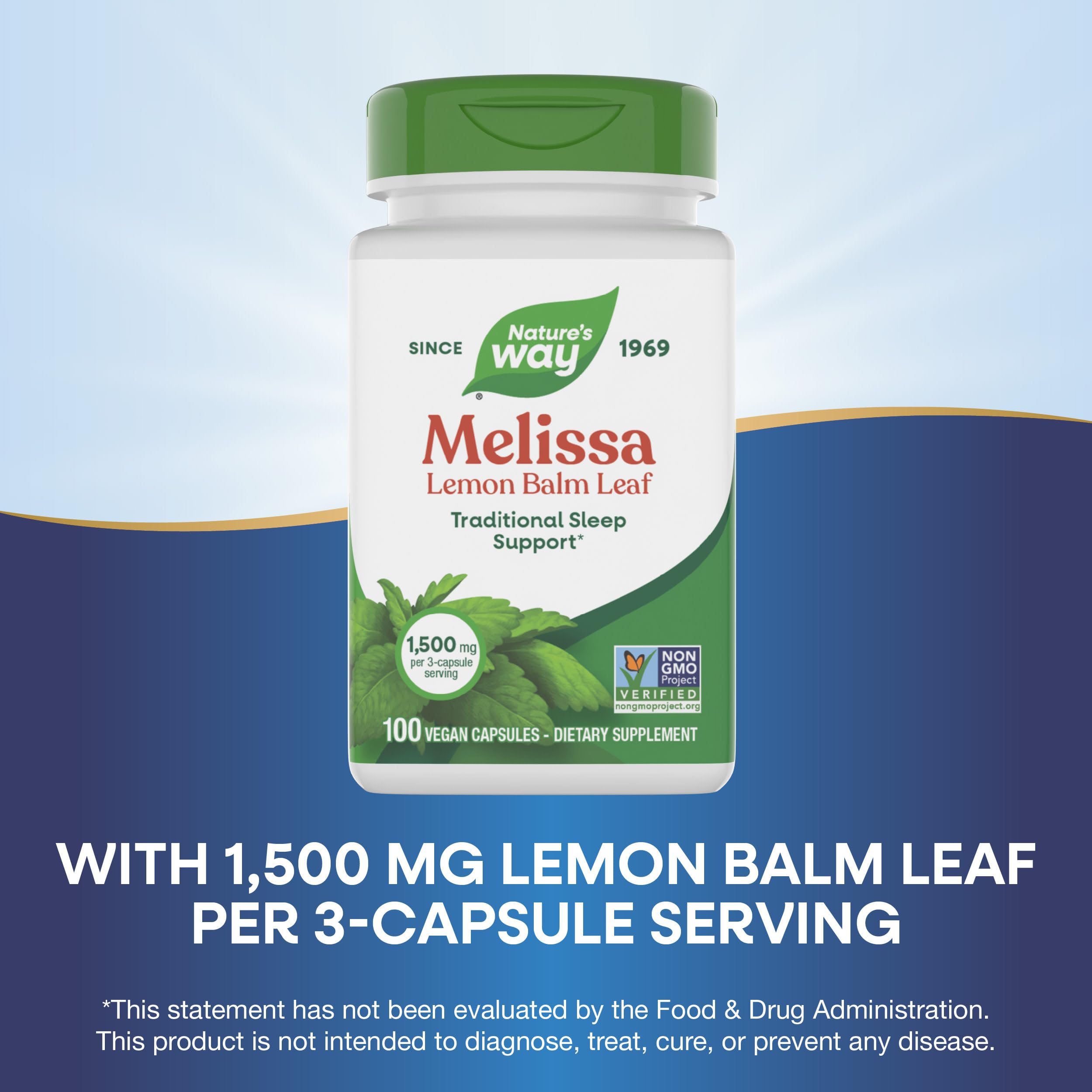 Nature's Way Melissa Lemon Balm Leaf Capsules with 3 capsules on a table