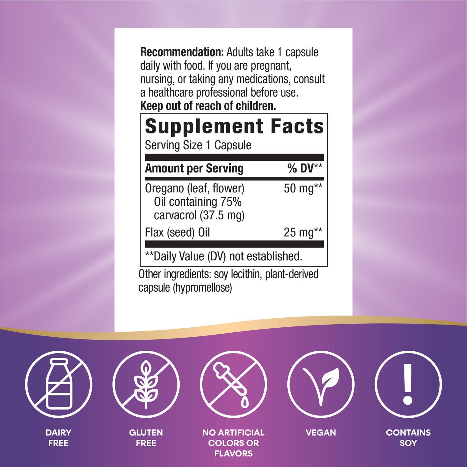 Nature's Way Oregano Oil Capsules side view showing dosage