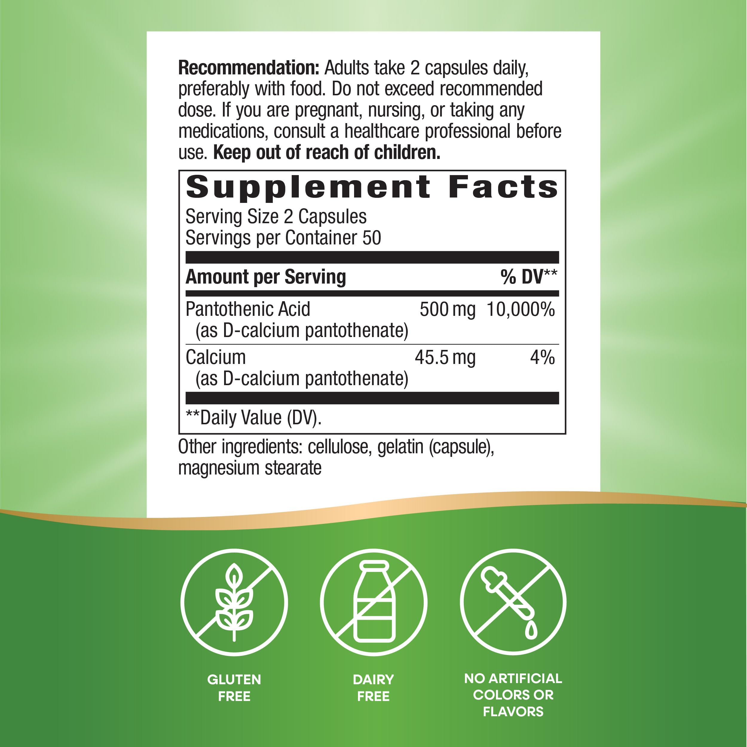 Nature's Way Pantothenic Acid Vitamin B5 500mg capsules on a wooden table