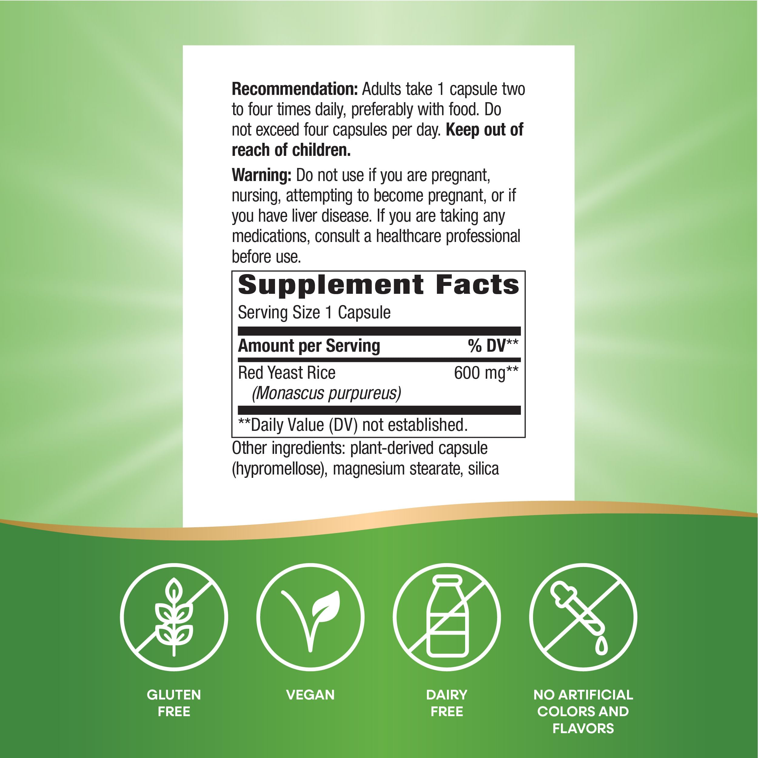 Nature's Way Red Yeast Rice 600 mg capsules on a wooden surface