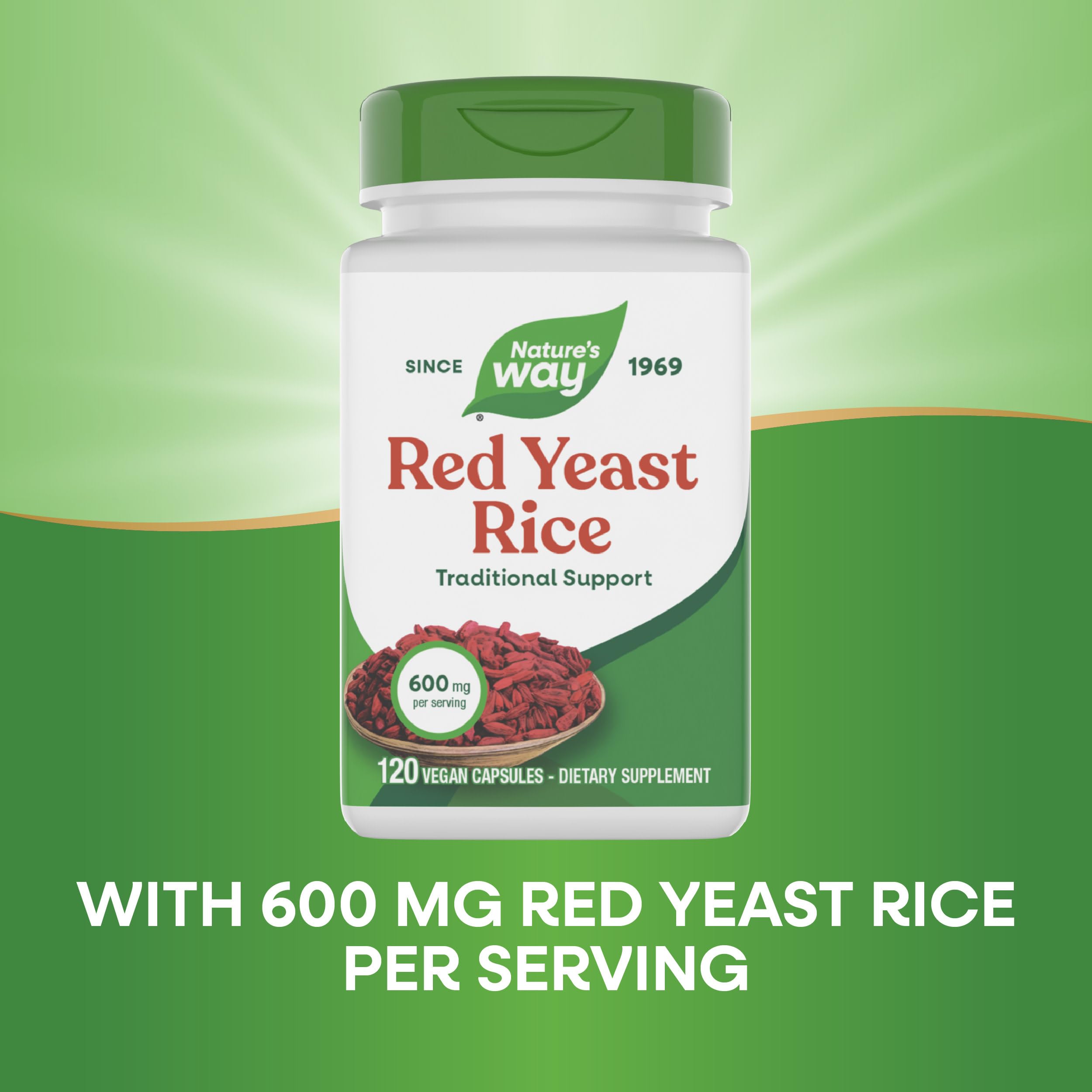 Nature's Way Red Yeast Rice 600 mg capsules with a measuring spoon