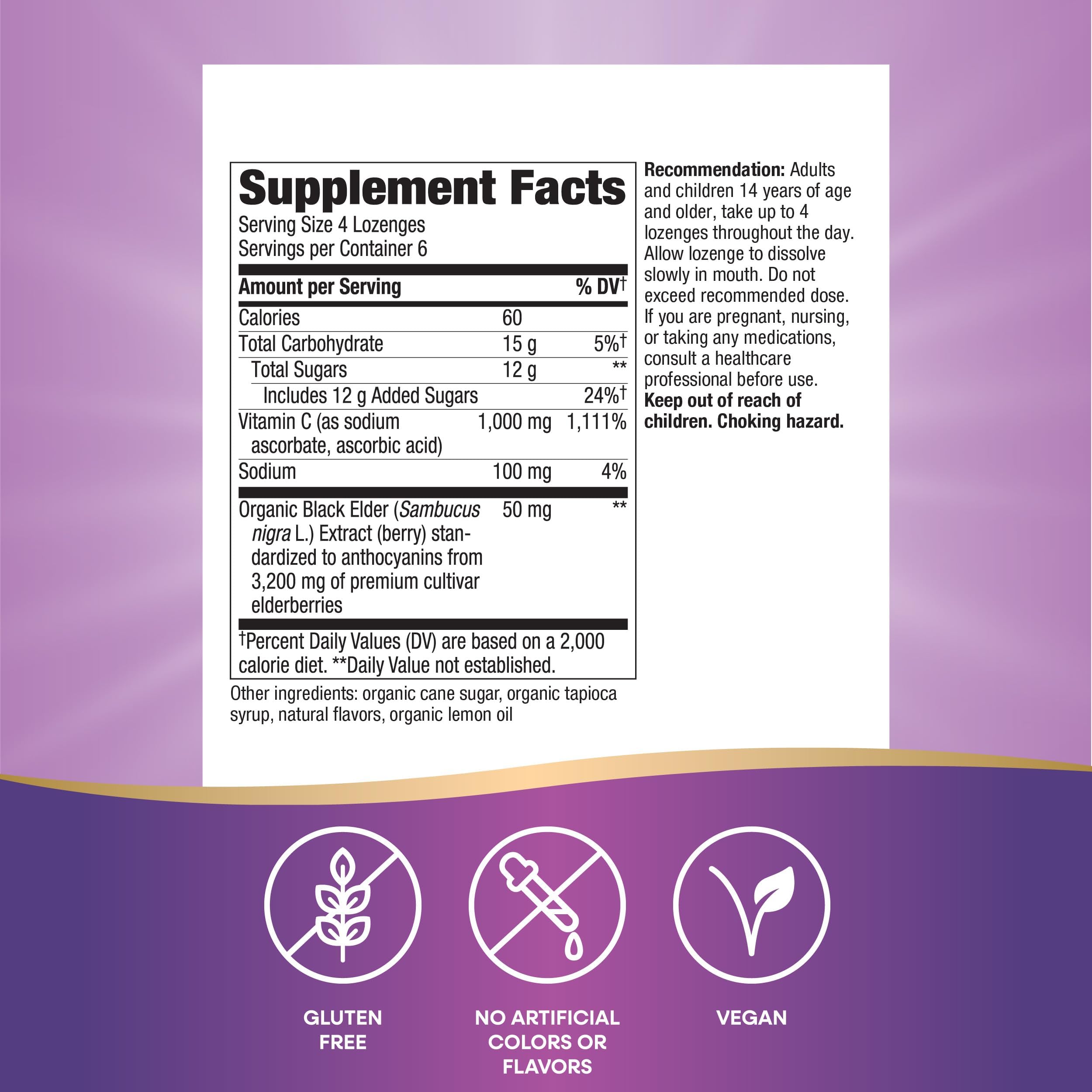 Nature's Way Sambucus daily wellness Lozenges back view with ingredient list