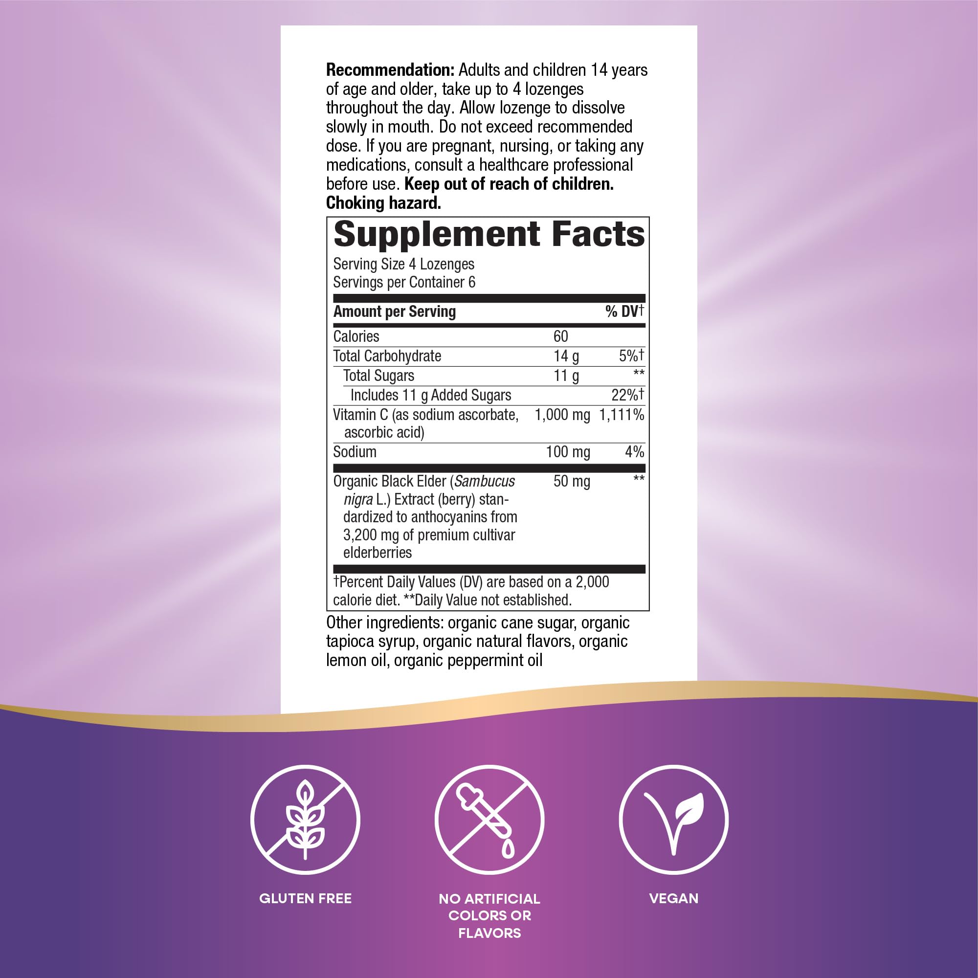 Nature's Way Sambucus Elderberry Lozenges side view with ingredients list