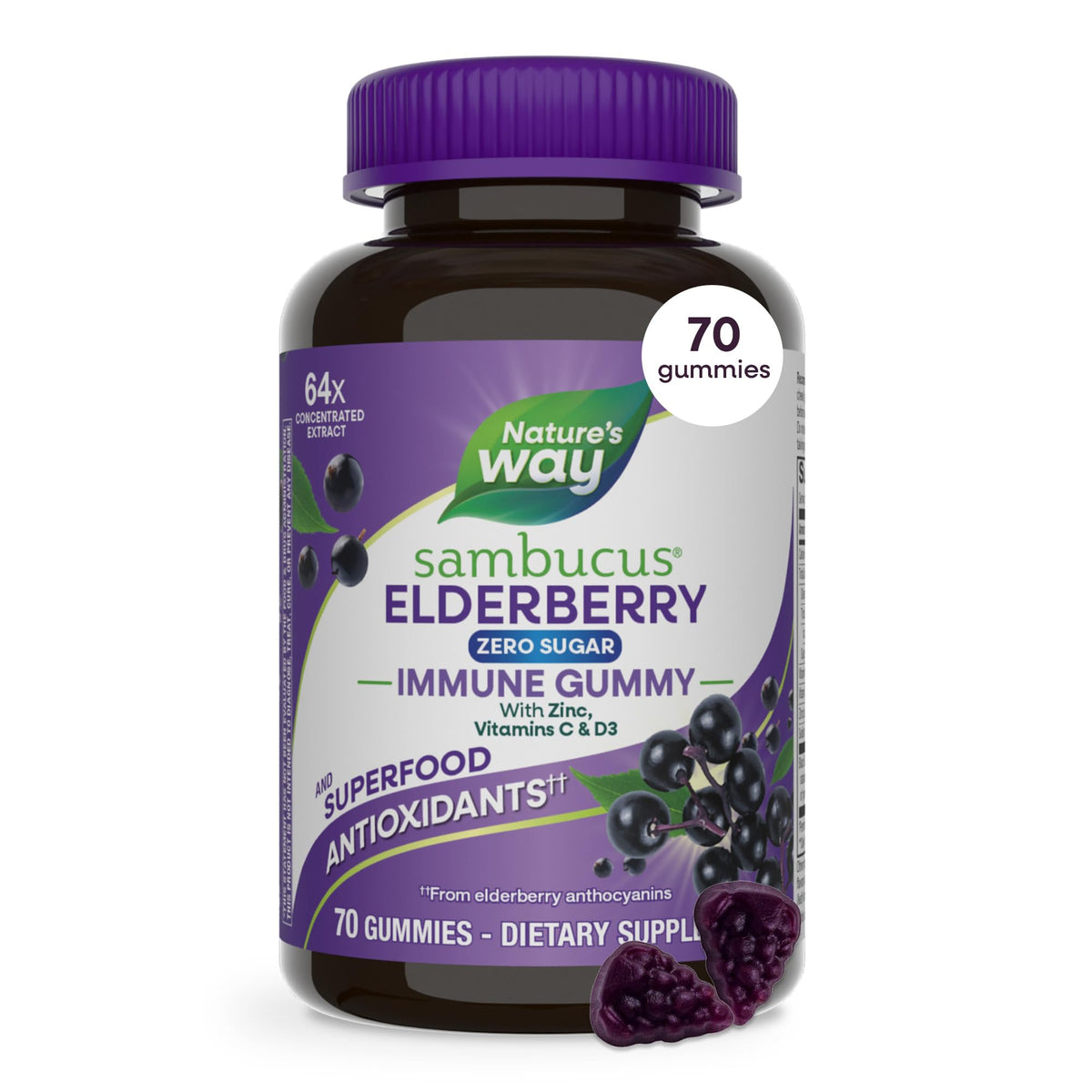 Nature's Way Sambucus Zero Sugar daily wellness Gummies front view