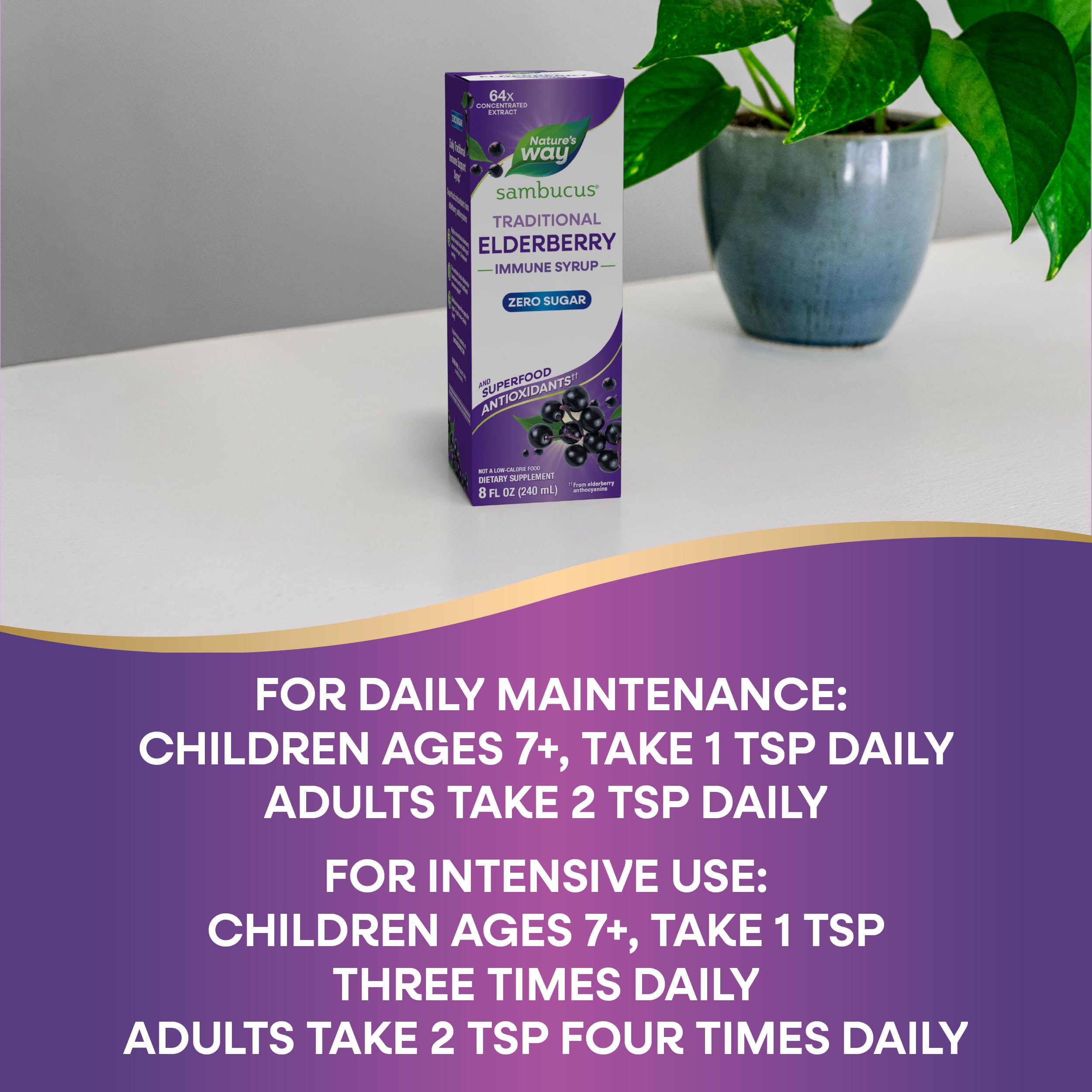 Nature's Way Sambucus Zero Sugar daily wellness Syrup on a wooden table