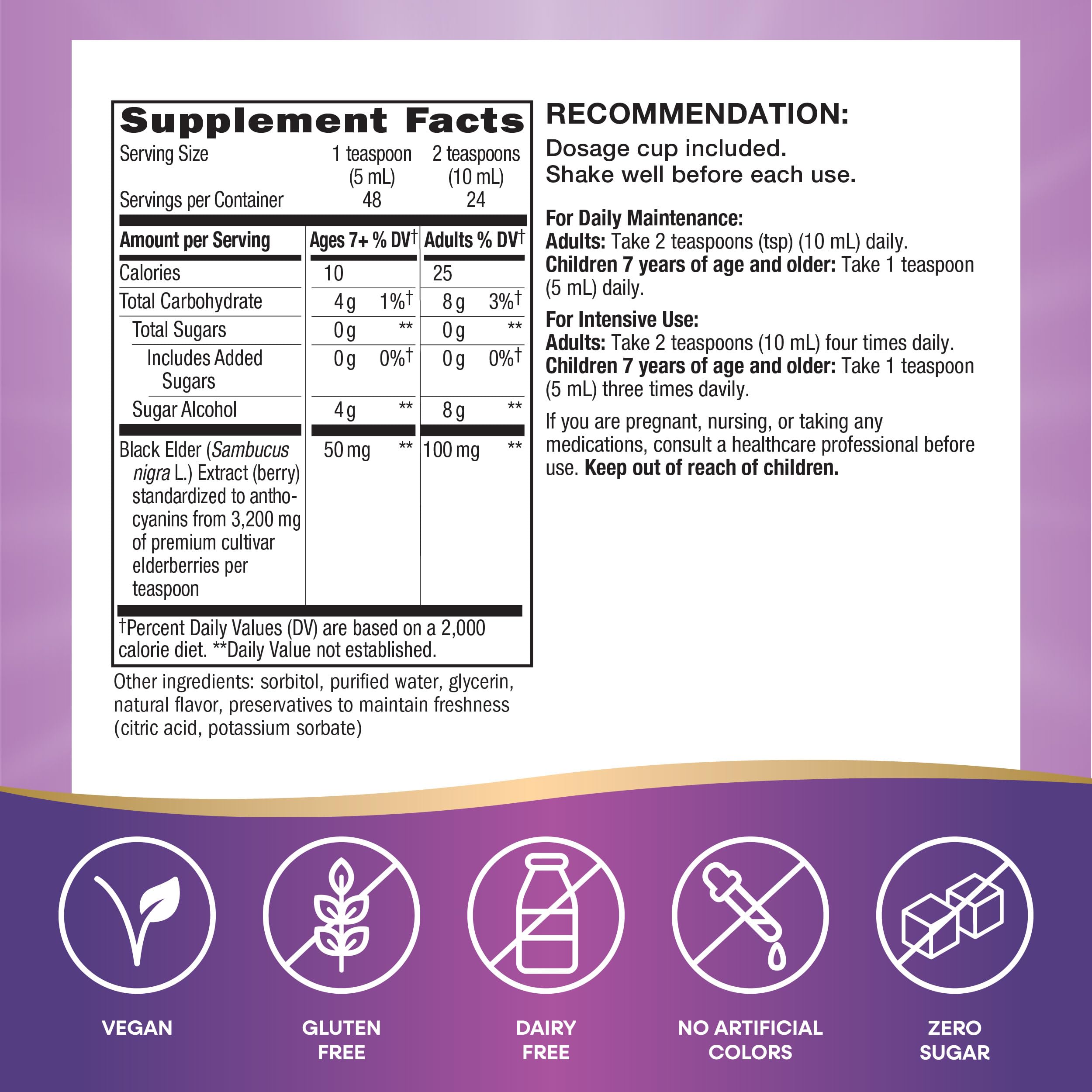 Nature's Way Sambucus Zero Sugar daily wellness Syrup packaging details